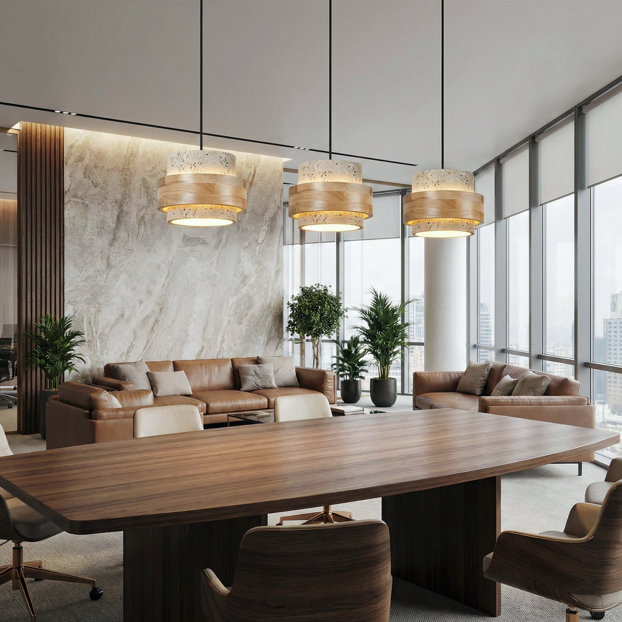 Eaden Travertine Pendant Lamp – Natural Stone Pendant Light With Walnut Wood Band Modern Living