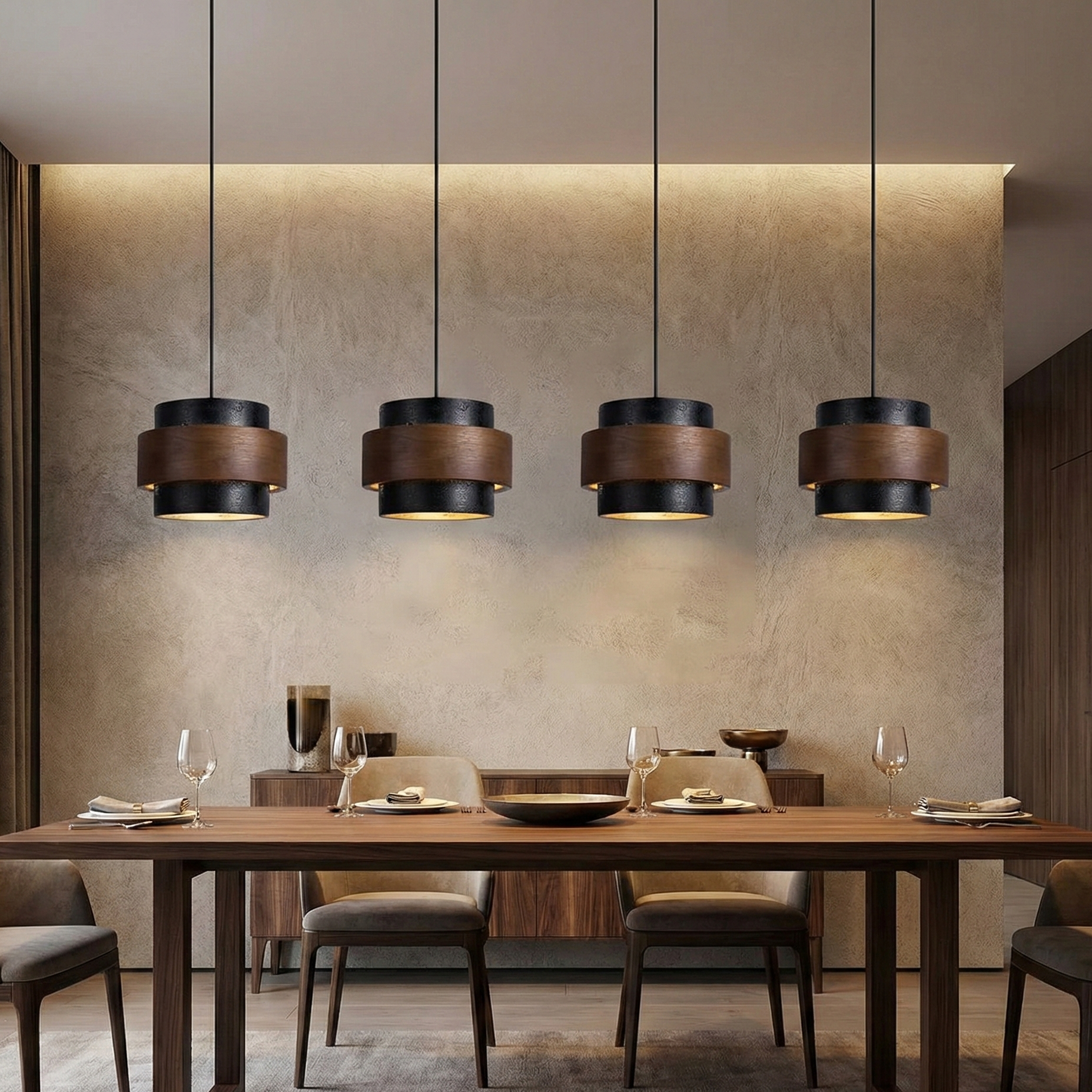 Eaden Travertine Pendant Lamp – Natural Stone Pendant Light With Walnut Wood Band Modern Living