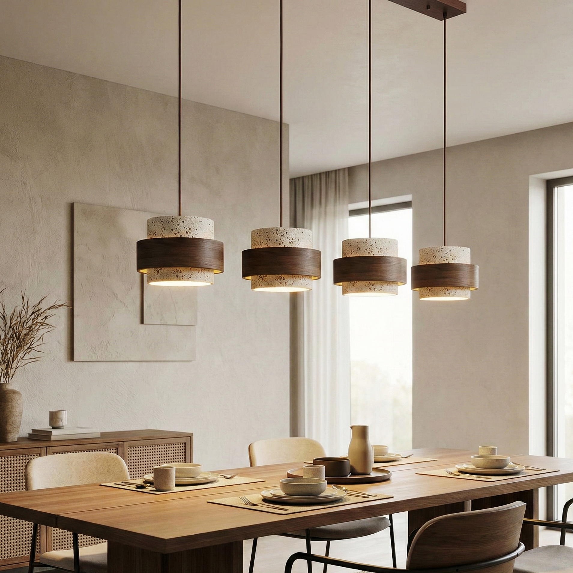 Eaden Travertine Pendant Lamp – Natural Stone Pendant Light With Walnut Wood Band Modern Living