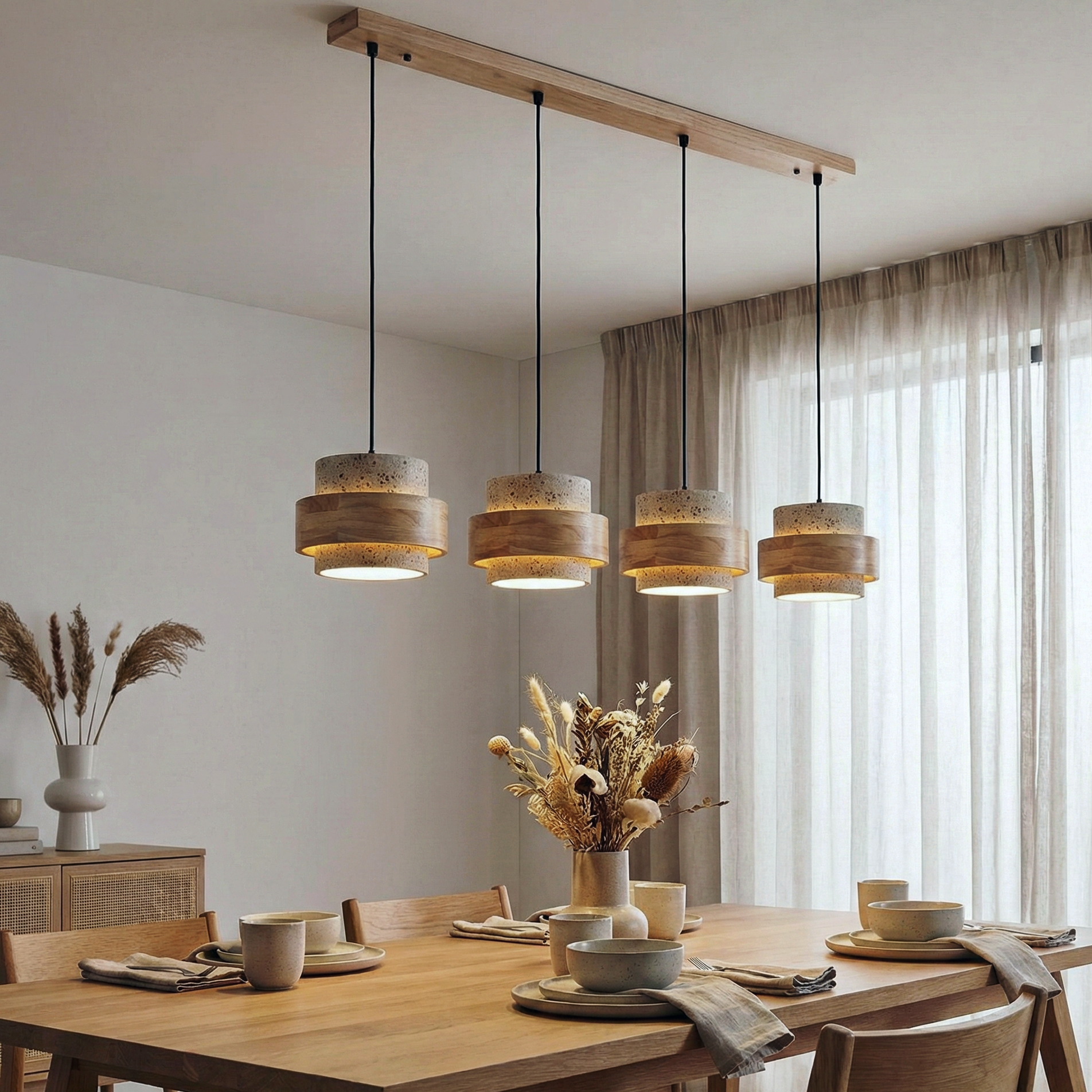 Eaden Travertine Pendant Lamp – Natural Stone Pendant Light With Walnut Wood Band Modern Living
