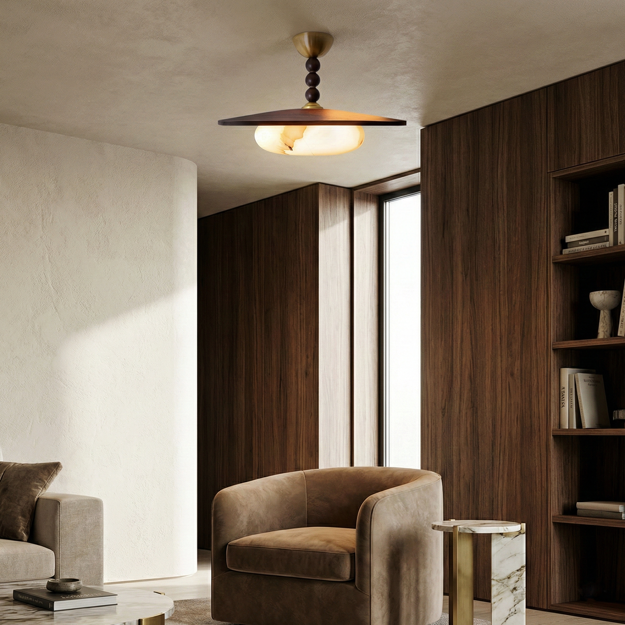 Birchwood Dome Ceiling Light – Warm Wood Shade Brass Accents Alabaster Diffuser Indoor Contemporary LED Compatible