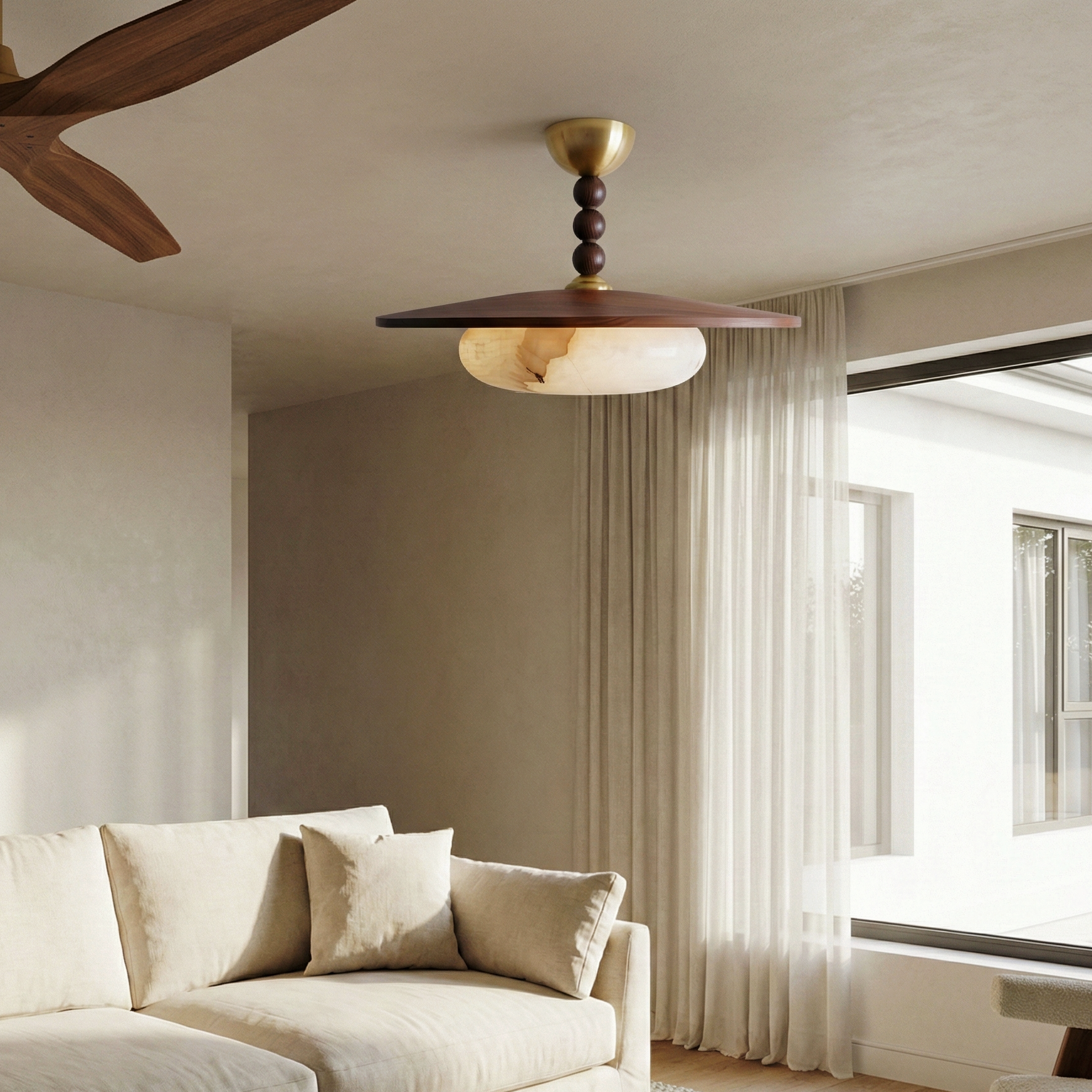 Birchwood Dome Ceiling Light – Warm Wood Shade Brass Accents Alabaster Diffuser Indoor Contemporary LED Compatible