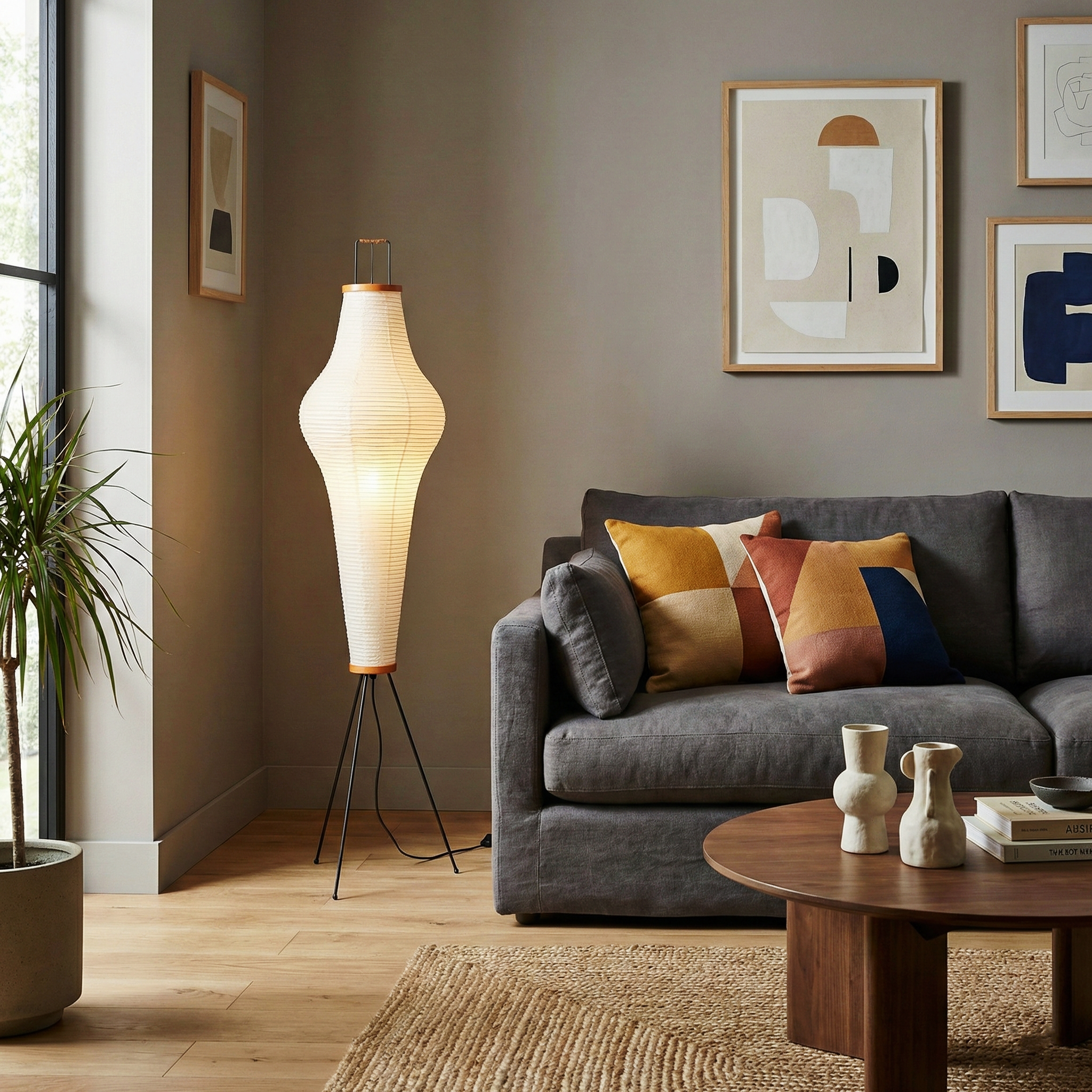 Quore Paper Floor Lamp - Minimalist Bamboo Frame Encasing Delicate Paper Shade Warm Ambient Light