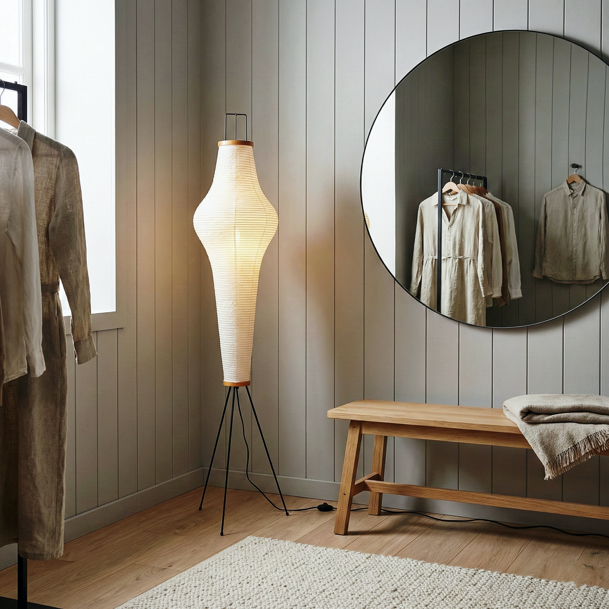 Quore Paper Floor Lamp - Minimalist Bamboo Frame Encasing Delicate Paper Shade Warm Ambient Light