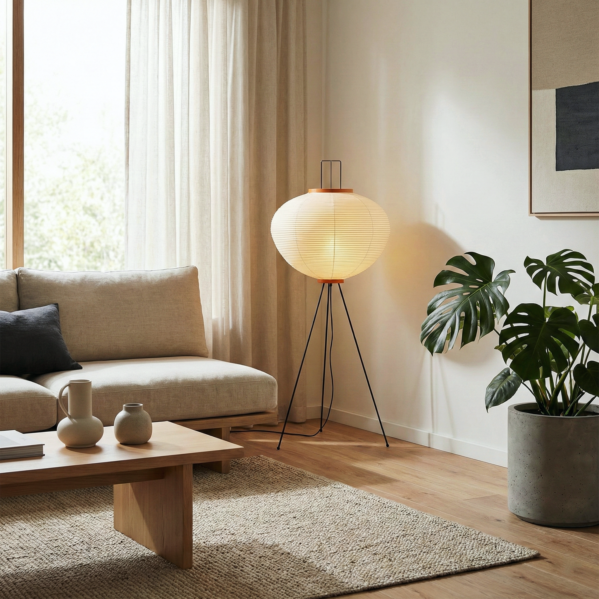 Quore Paper Floor Lamp - Minimalist Bamboo Frame Encasing Delicate Paper Shade Warm Ambient Light
