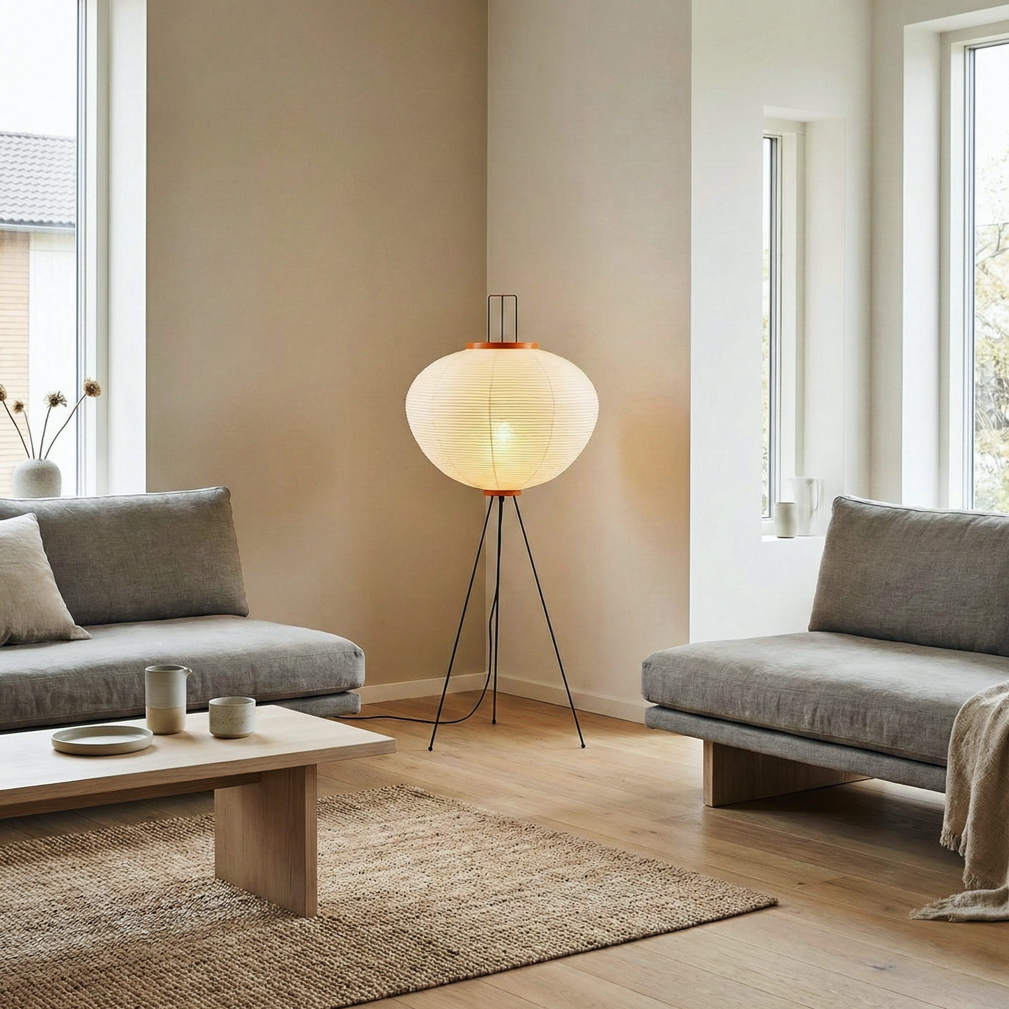 Quore Paper Floor Lamp - Minimalist Bamboo Frame Encasing Delicate Paper Shade Warm Ambient Light