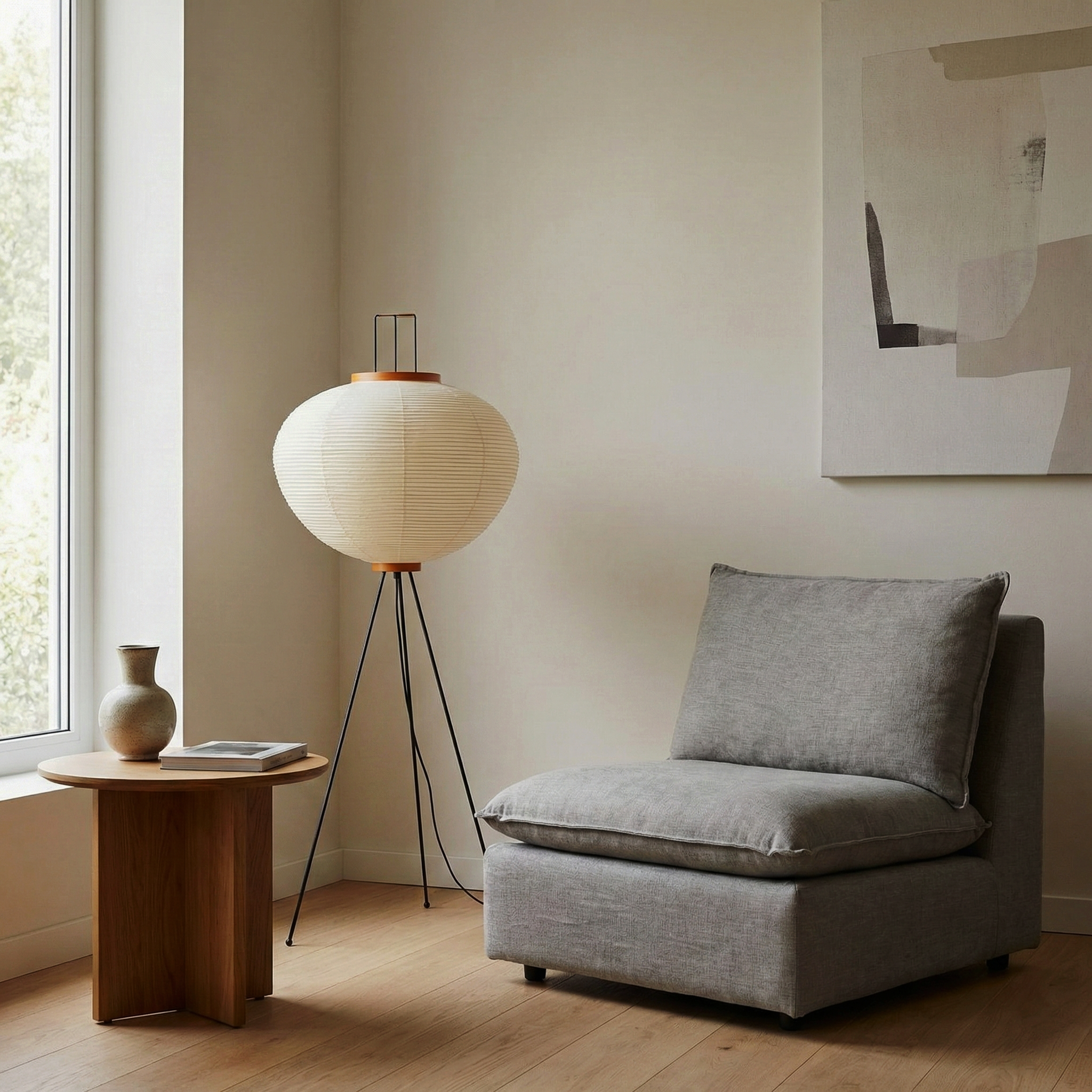 Quore Paper Floor Lamp - Minimalist Bamboo Frame Encasing Delicate Paper Shade Warm Ambient Light