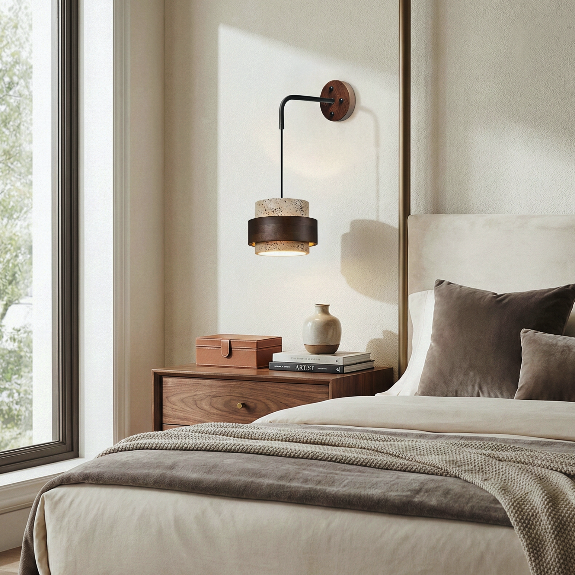 Travertine Cylinder Wall Sconce – Natural Travertine Wall Light Walnut Ring Matte Black Arm Diffused Light