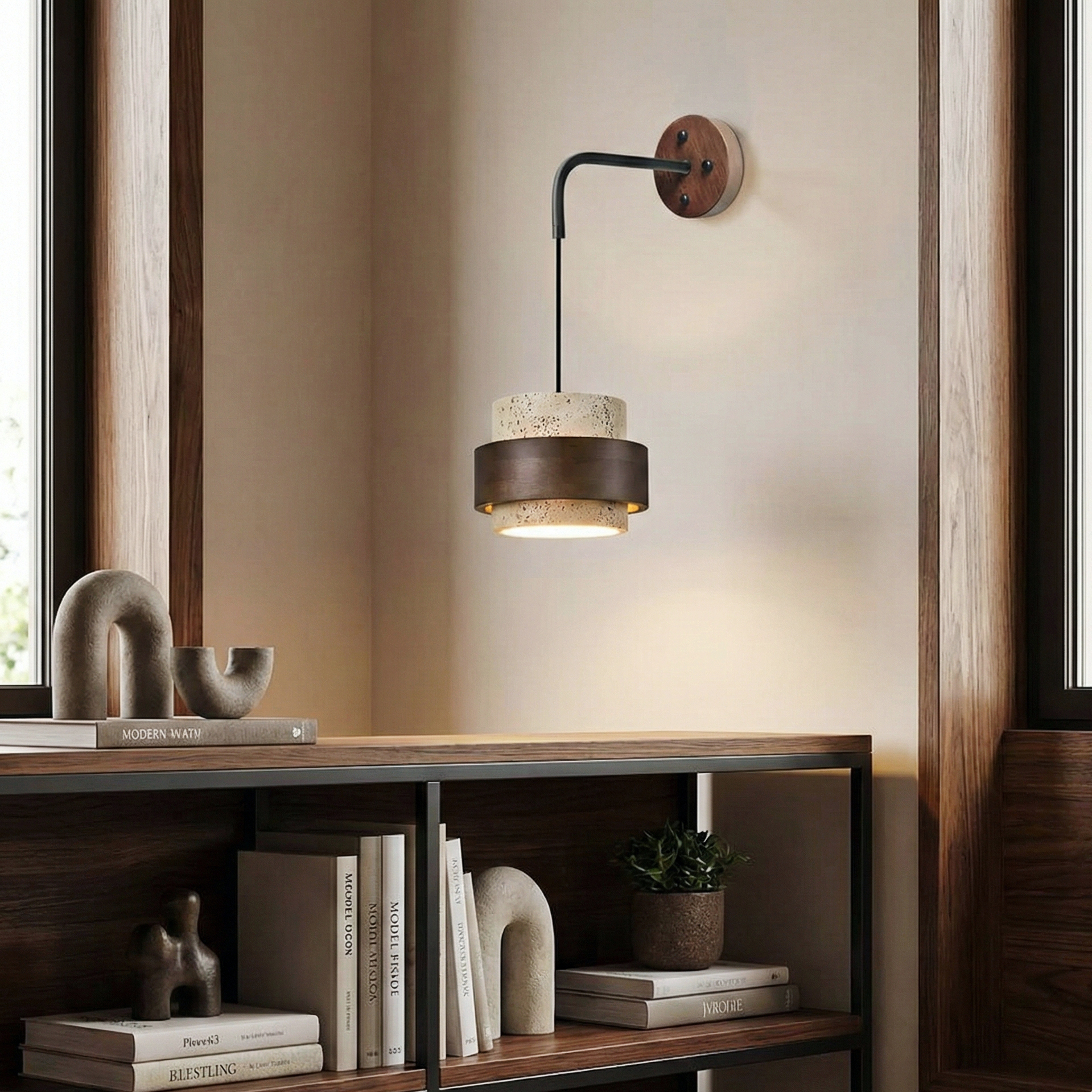 Travertine Cylinder Wall Sconce – Natural Travertine Wall Light Walnut Ring Matte Black Arm Diffused Light