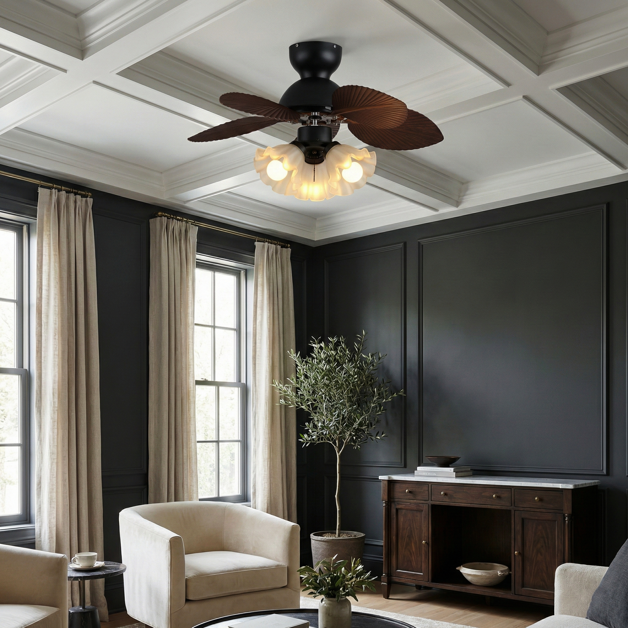 Verdant Fronds Ceiling Fan Light – LED Indoor Vintage Ceiling Fan Light Fixture Quiet Architectural Ambience
