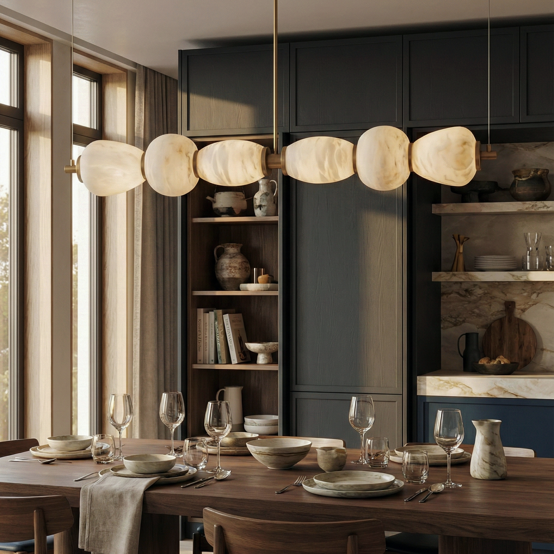 Alabaster River Chandelier – LED Indoor Modern Dining Room Light Fixture Linear Alabaster Finish