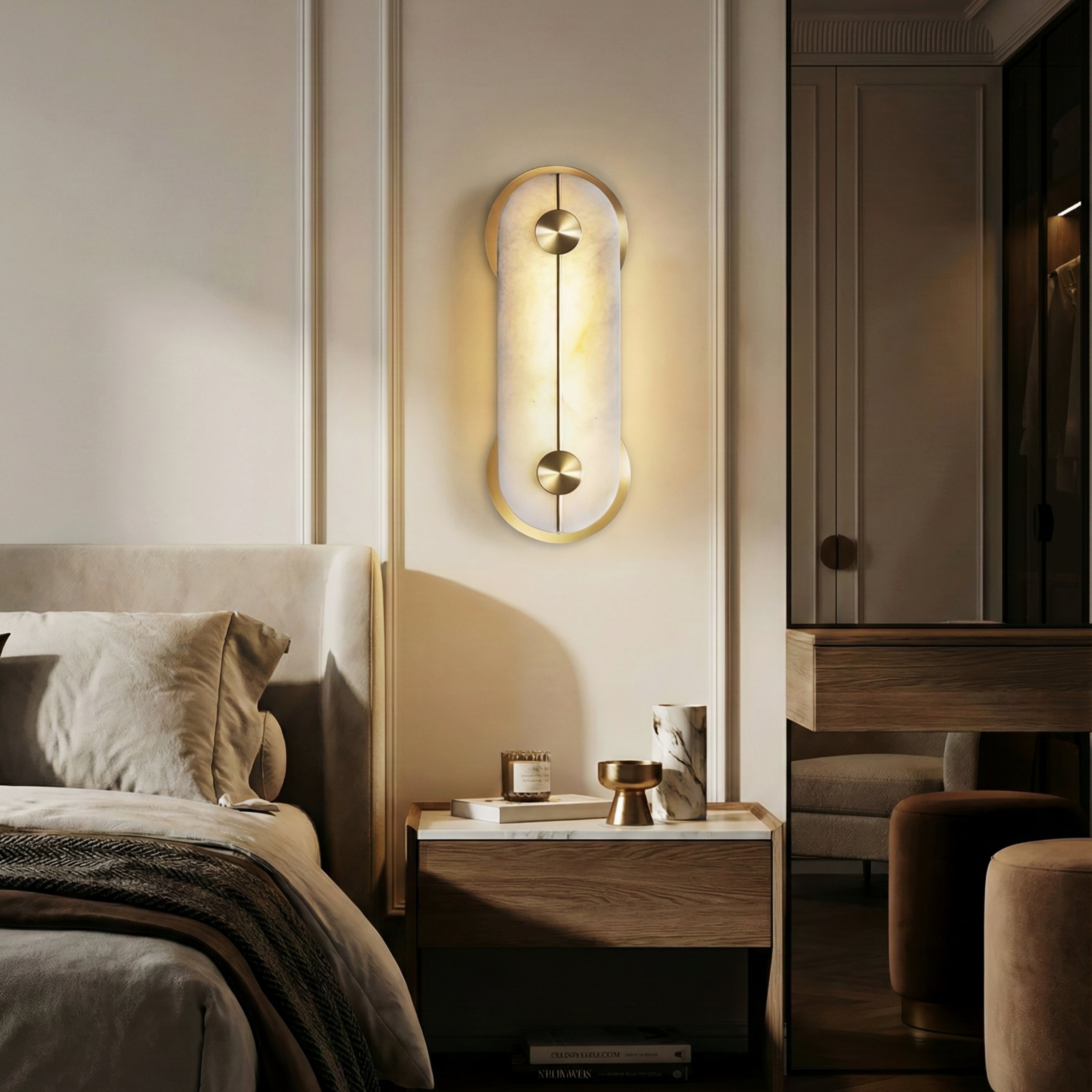 Huron Alabaster Oval Wall Lamp – LED Ambient Wall Lighting Fixture Living Rooms Hallways