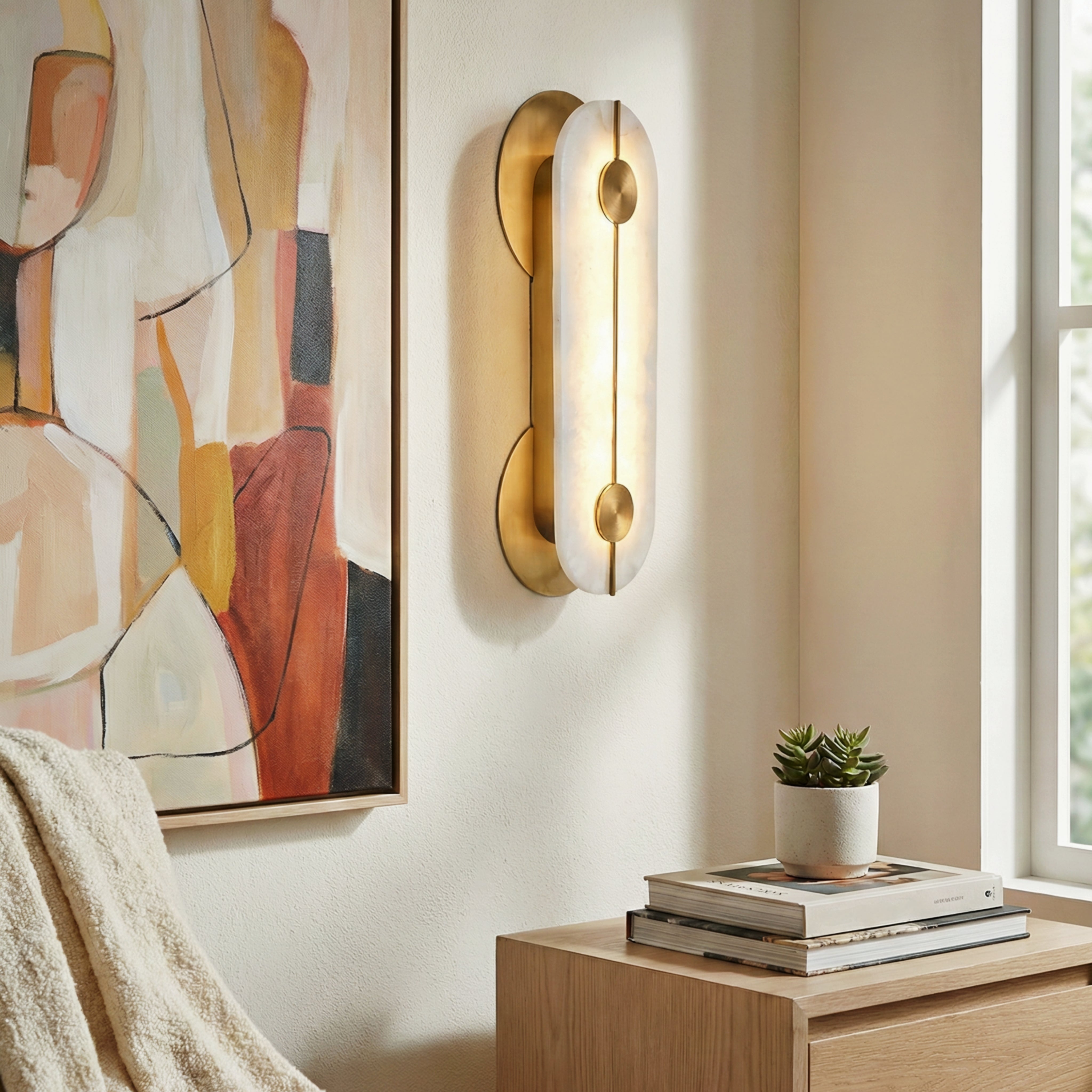 Huron Alabaster Oval Wall Lamp – LED Ambient Wall Lighting Fixture Living Rooms Hallways
