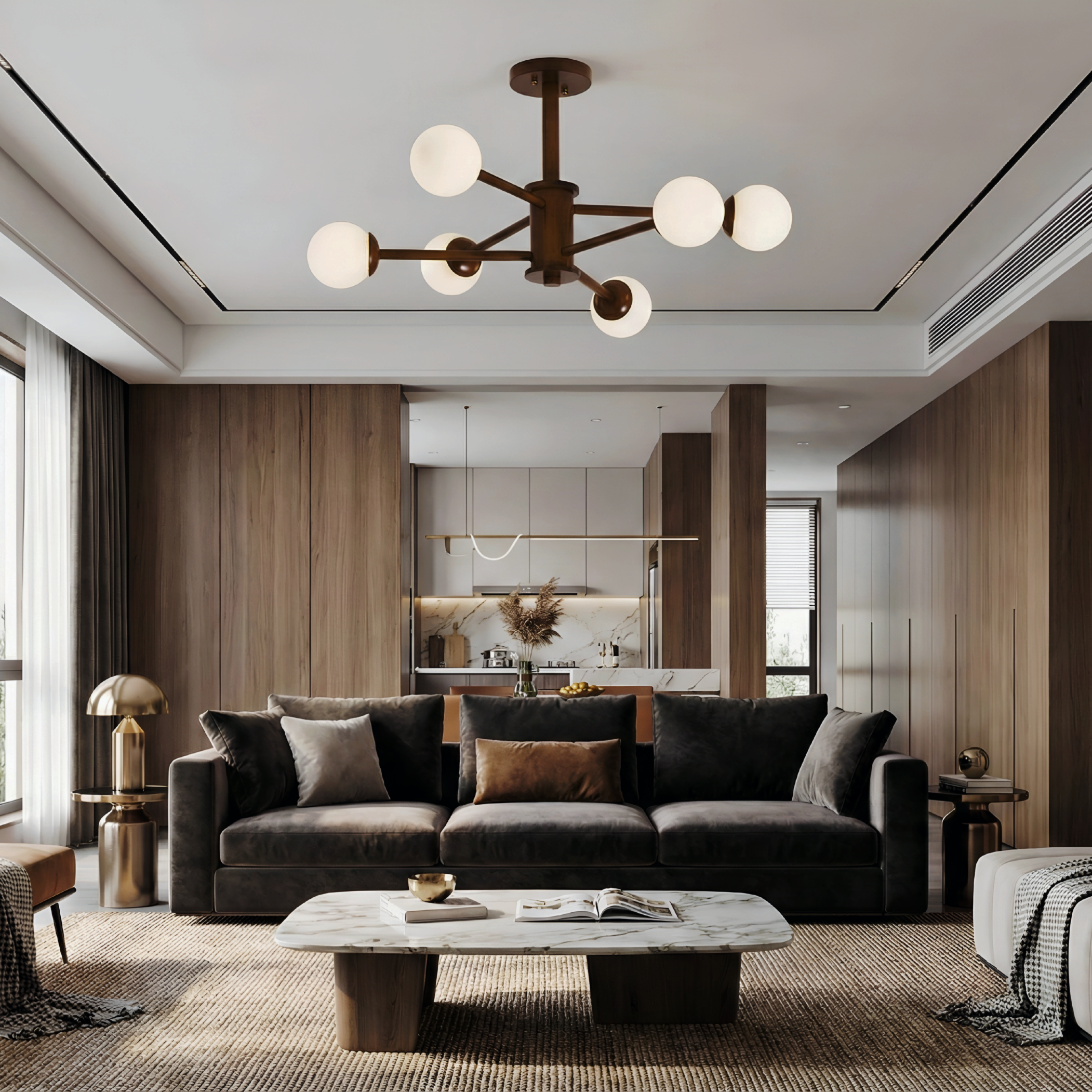 Wooden Globe Ceiling Light – Modern Multi-Arm LED Fixture