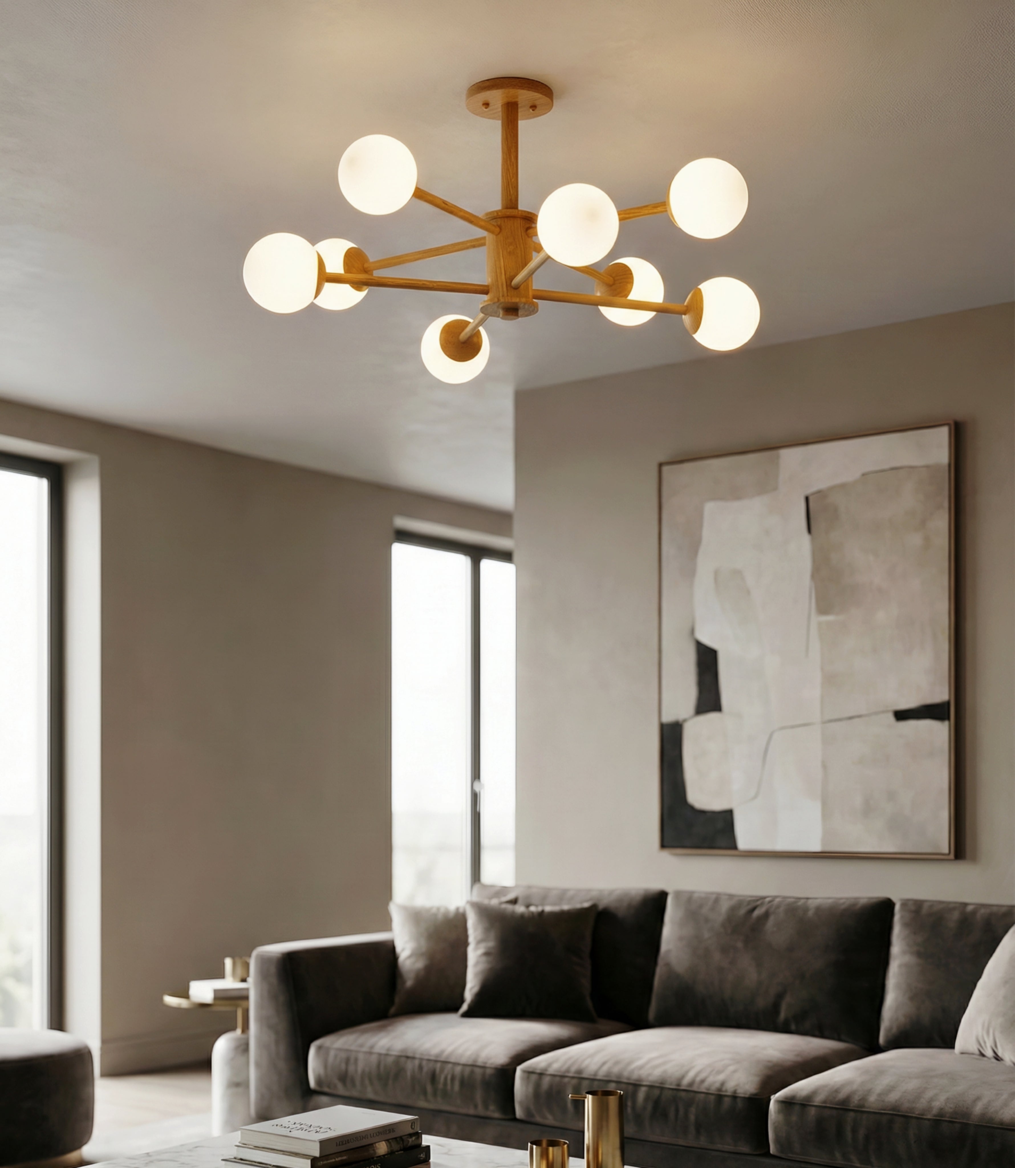 Wooden Globe Ceiling Light – Modern Multi-Arm LED Fixture