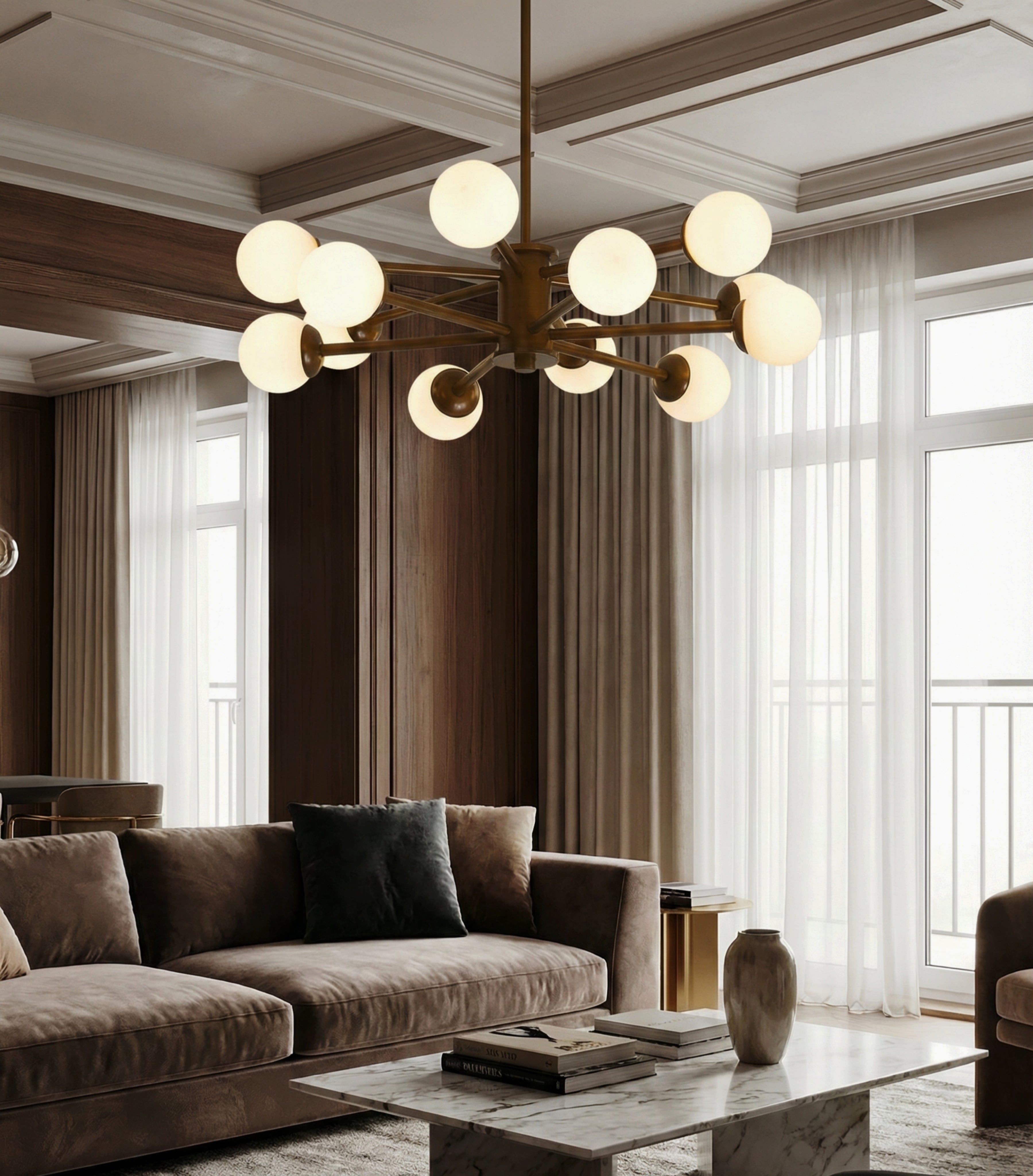 Wooden Globe Ceiling Light – Modern Multi-Arm LED Fixture