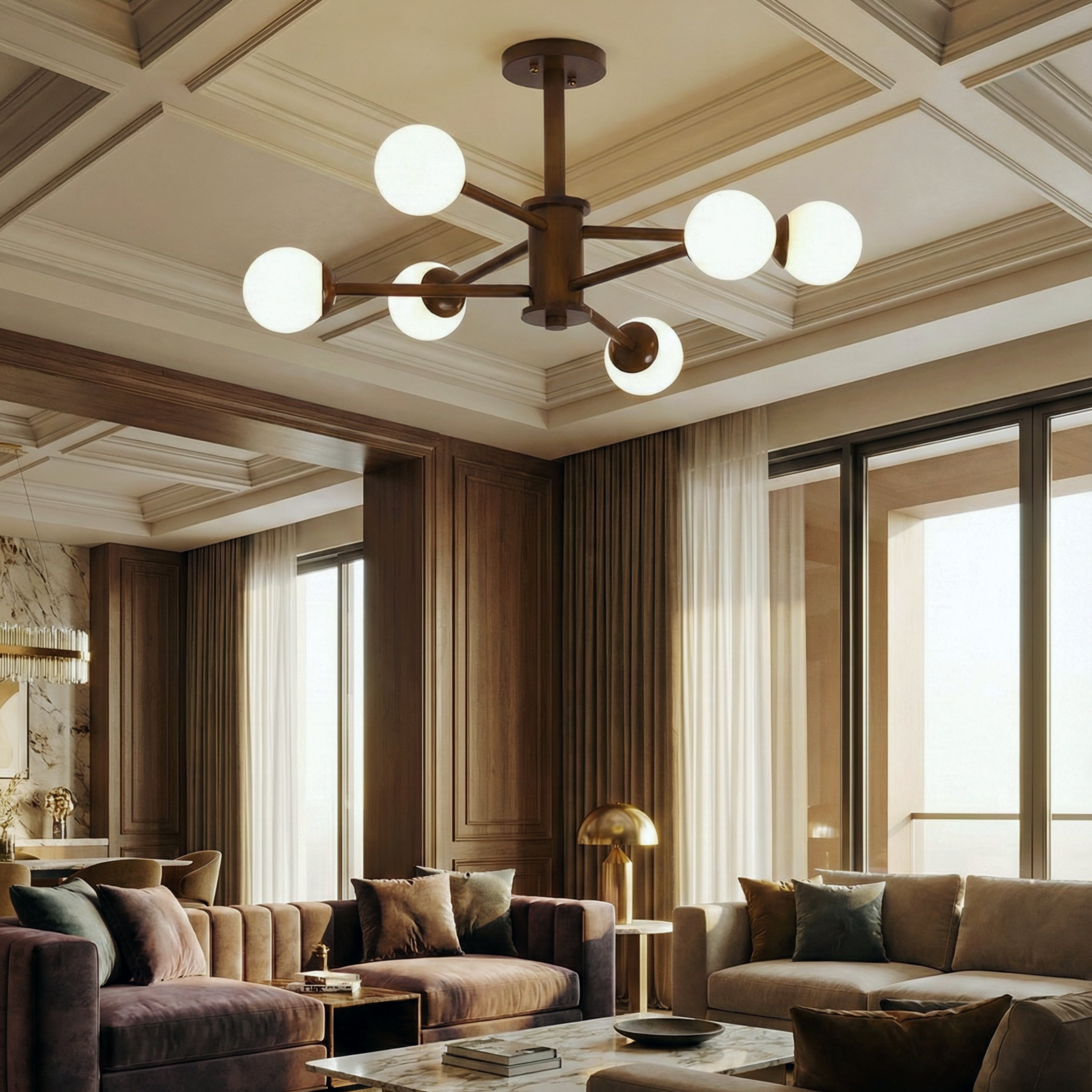 Wooden Globe Ceiling Light – Modern Multi-Arm LED Fixture