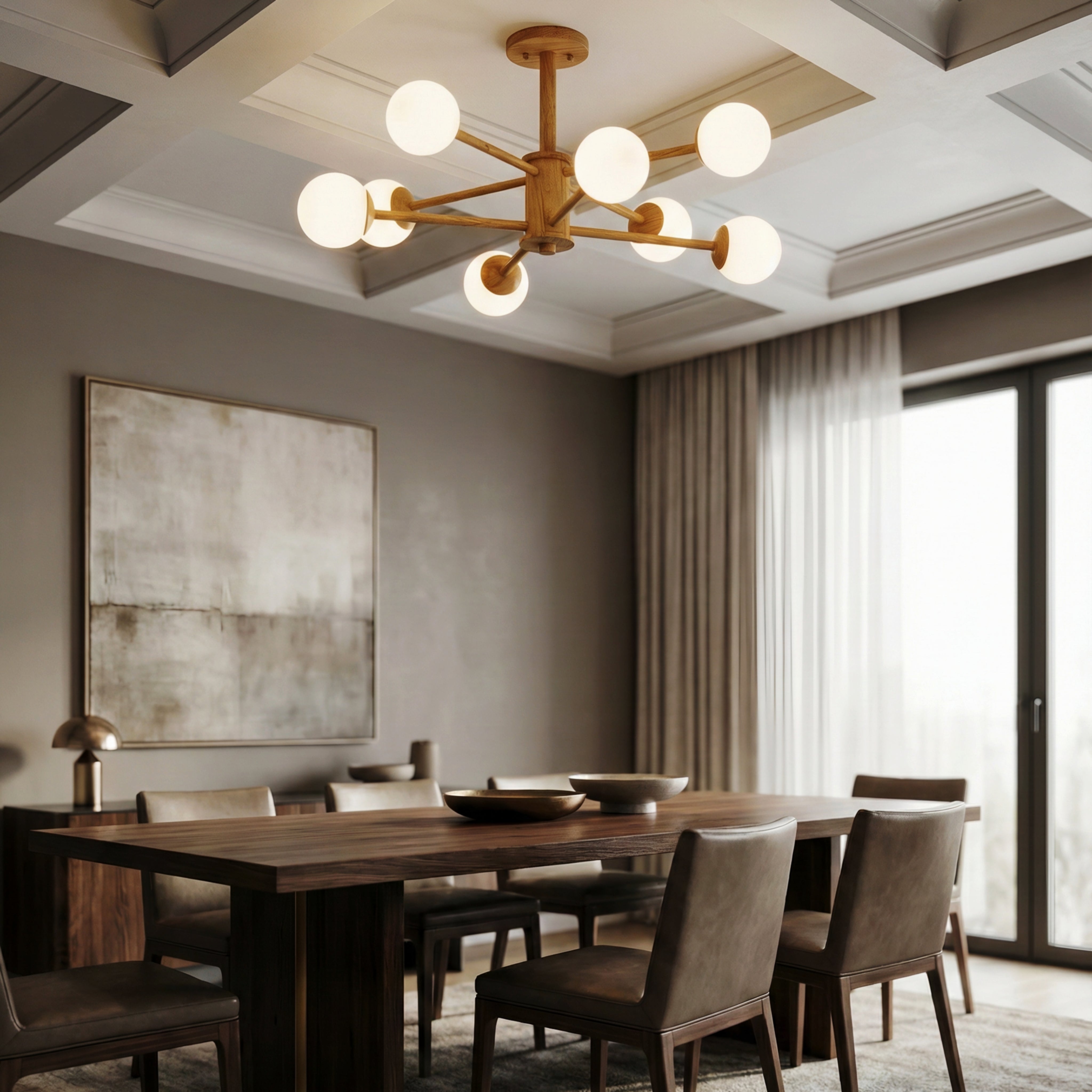 Wooden Globe Ceiling Light – Modern Multi-Arm LED Fixture
