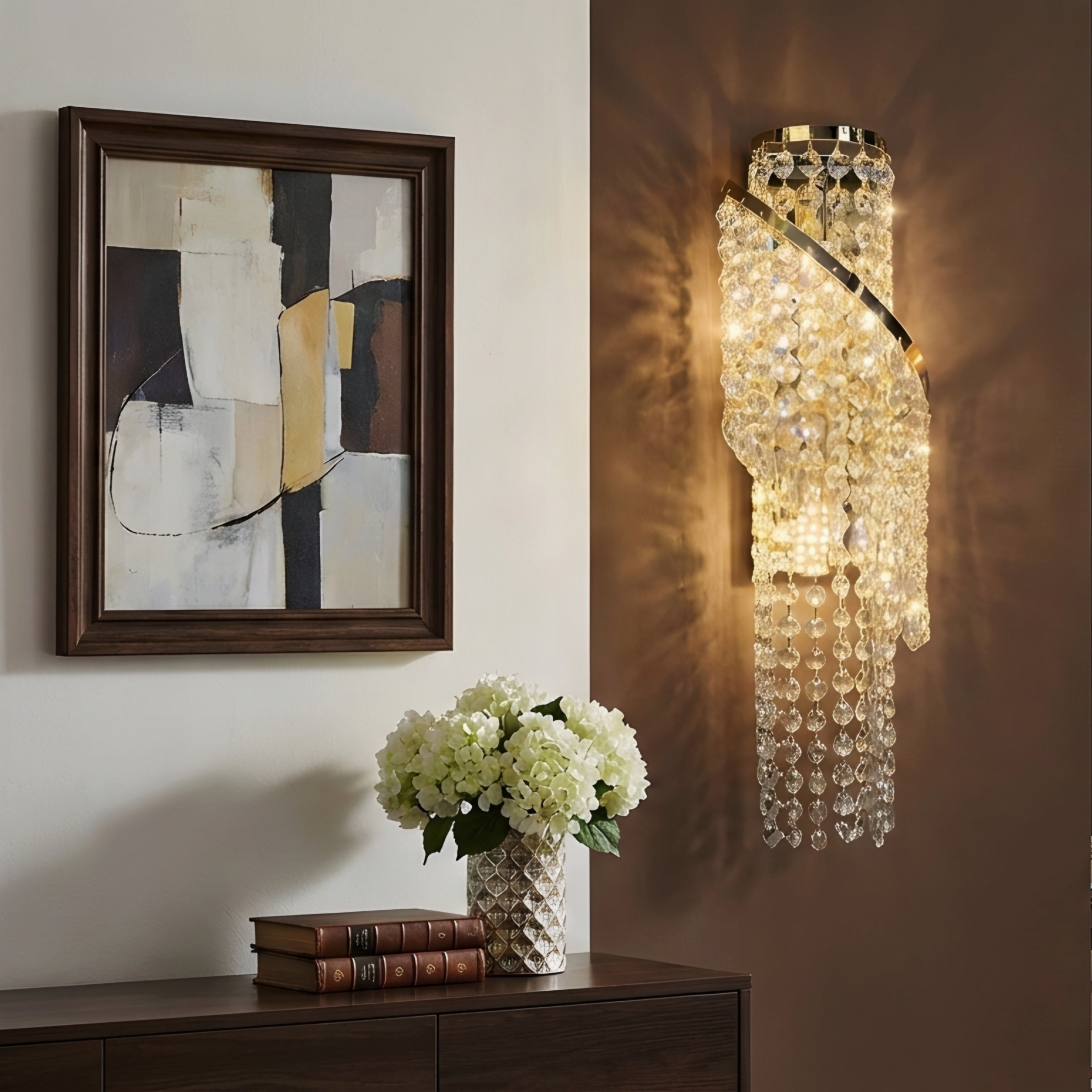 Seraphina Spiral Crystal Wall Lamp – Modern LED Gold Crystal Wall Lighting Fixture