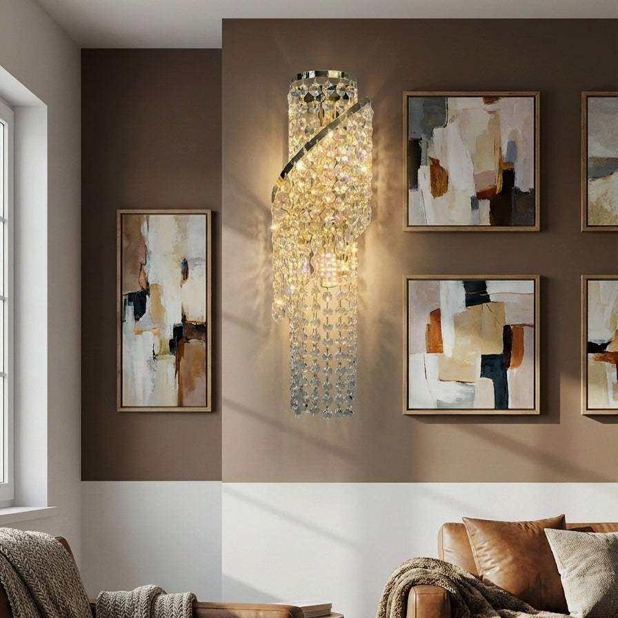 Seraphina Spiral Crystal Wall Lamp – Modern LED Gold Crystal Wall Lighting Fixture