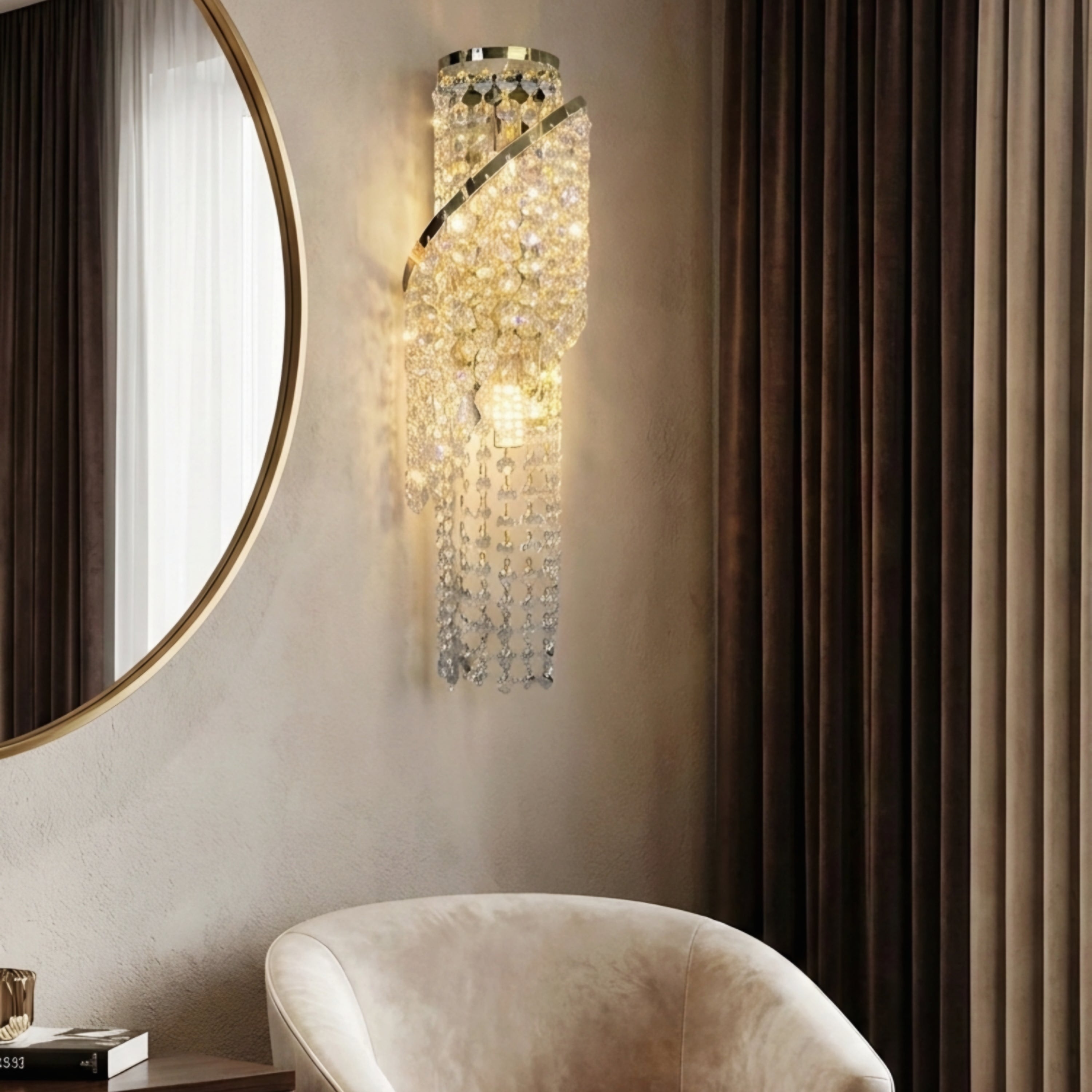 Seraphina Spiral Crystal Wall Lamp – Modern LED Gold Crystal Wall Lighting Fixture