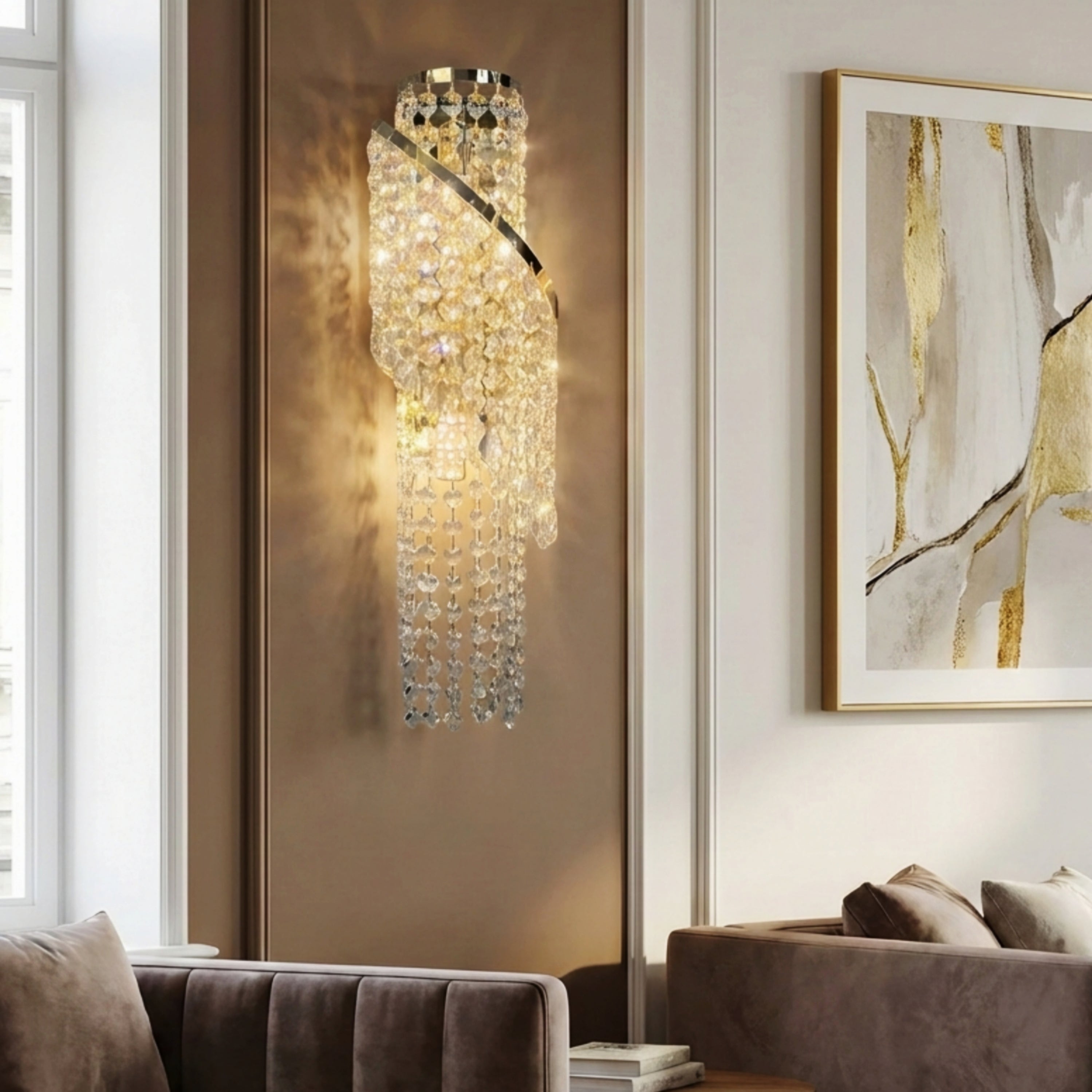 Seraphina Spiral Crystal Wall Lamp – Modern LED Gold Crystal Wall Lighting Fixture