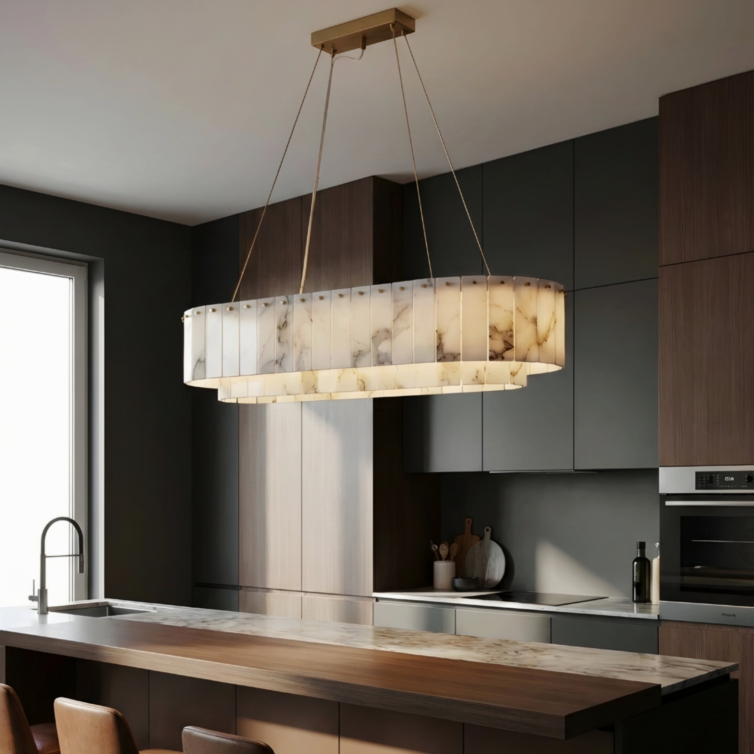 Marbelle Linear Marble Chandelier – Modern Kitchen Island LED Hanging Ceiling Fixture
