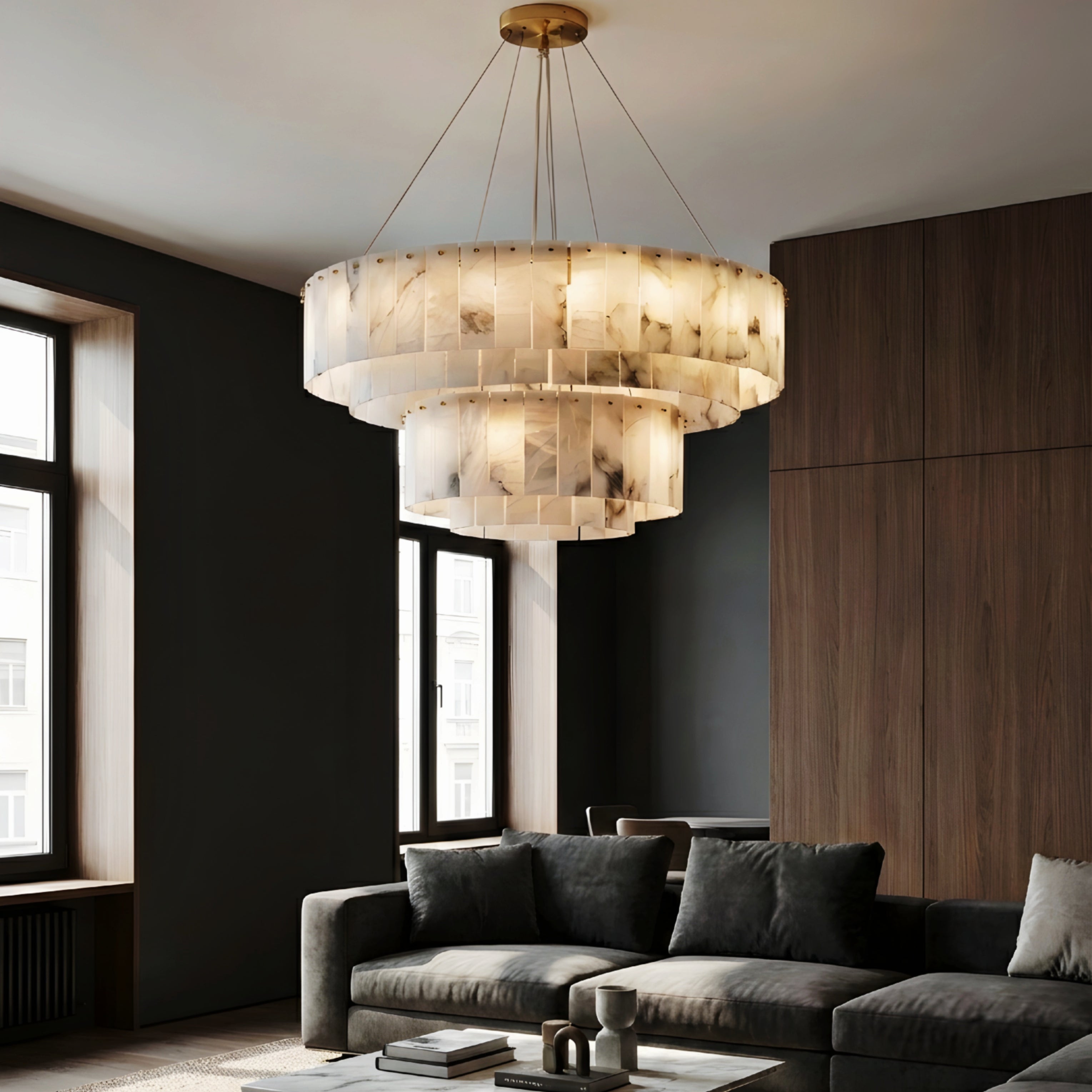 Marbelle Linear Marble Chandelier – Modern Kitchen Island LED Hanging Ceiling Fixture