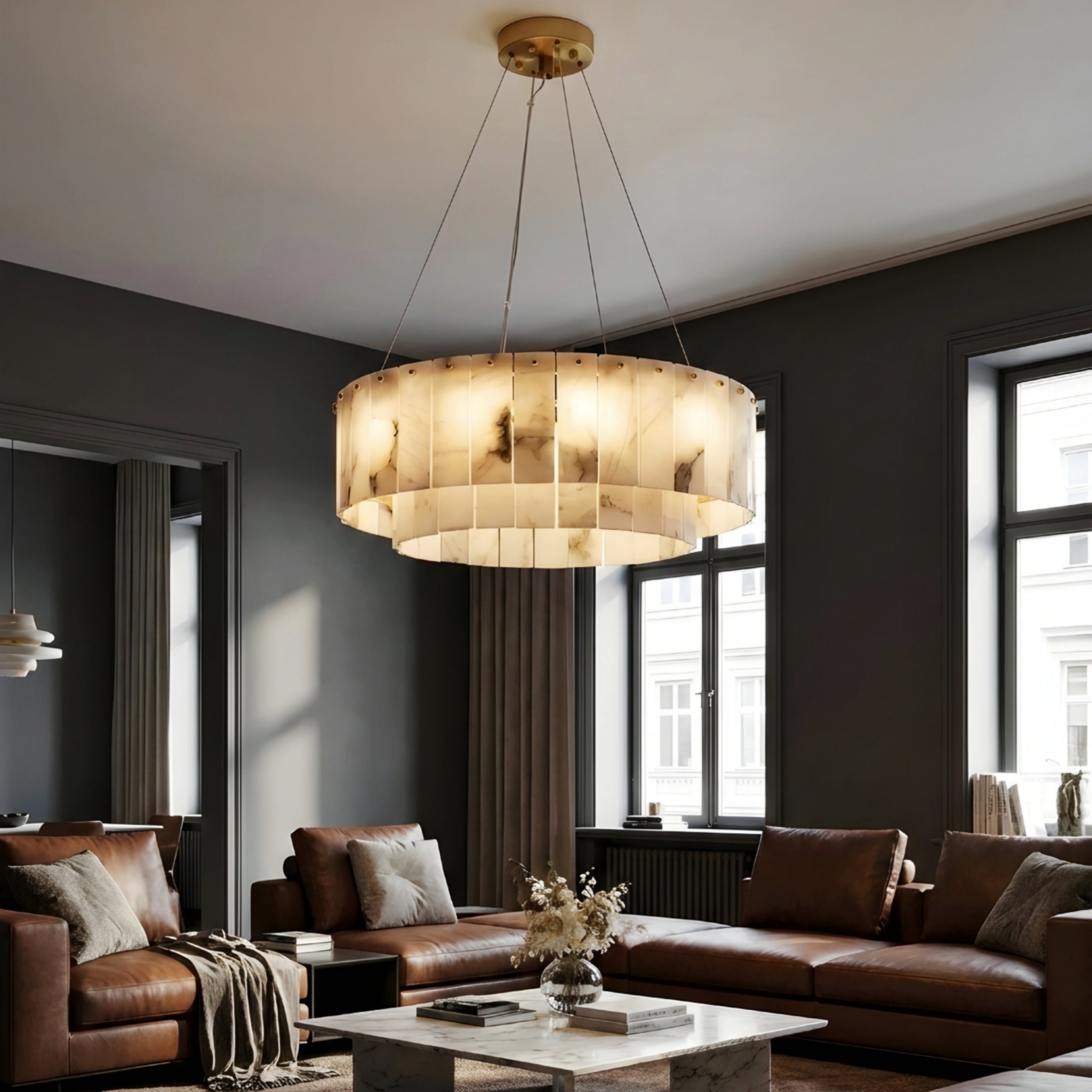 Marbelle Linear Marble Chandelier – Modern Kitchen Island LED Hanging Ceiling Fixture