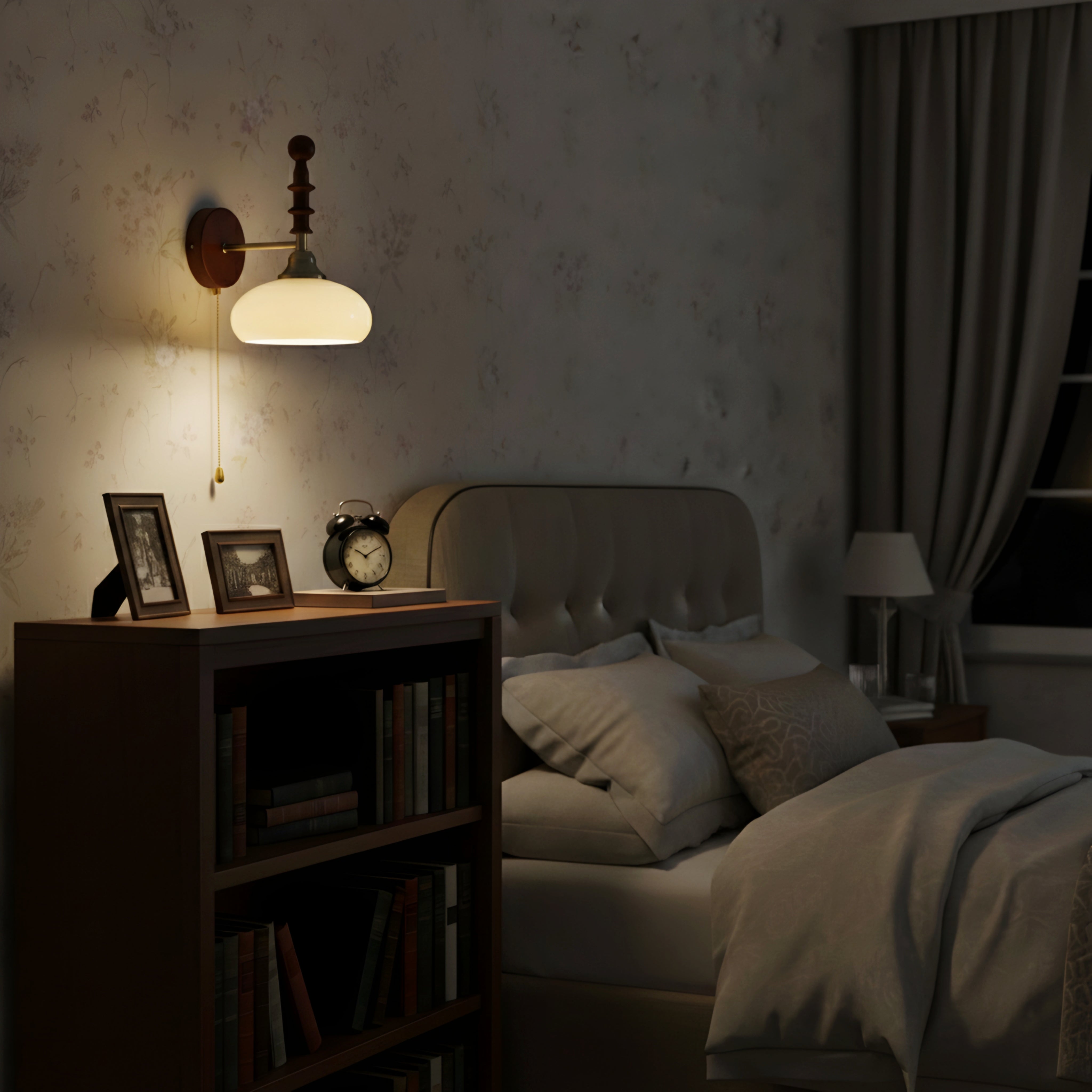 Brixton Heritage Wall Lamp – Vintage Wood Brass Pull Chain Bedside Wall Sconce