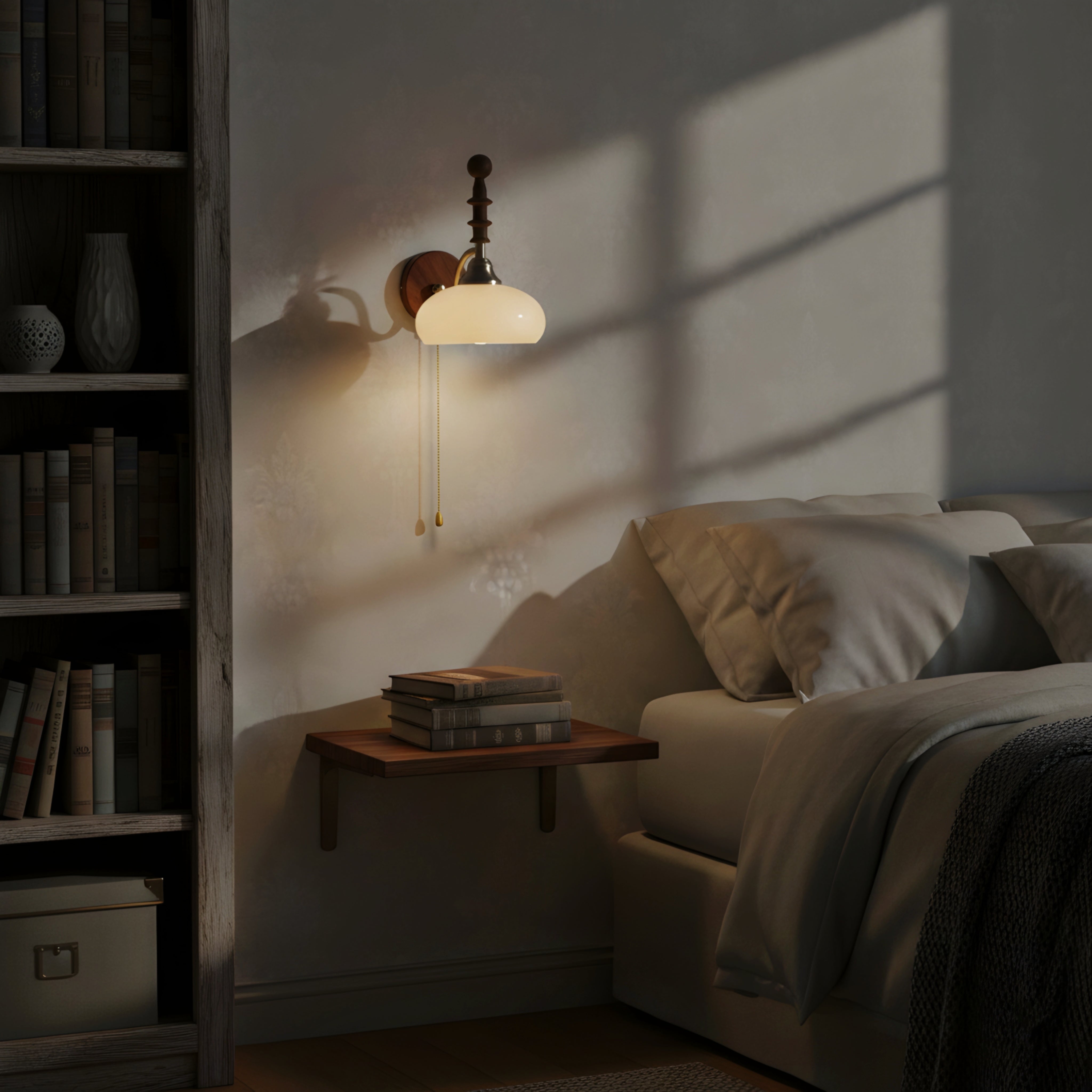 Brixton Heritage Wall Lamp – Vintage Wood Brass Pull Chain Bedside Wall Sconce