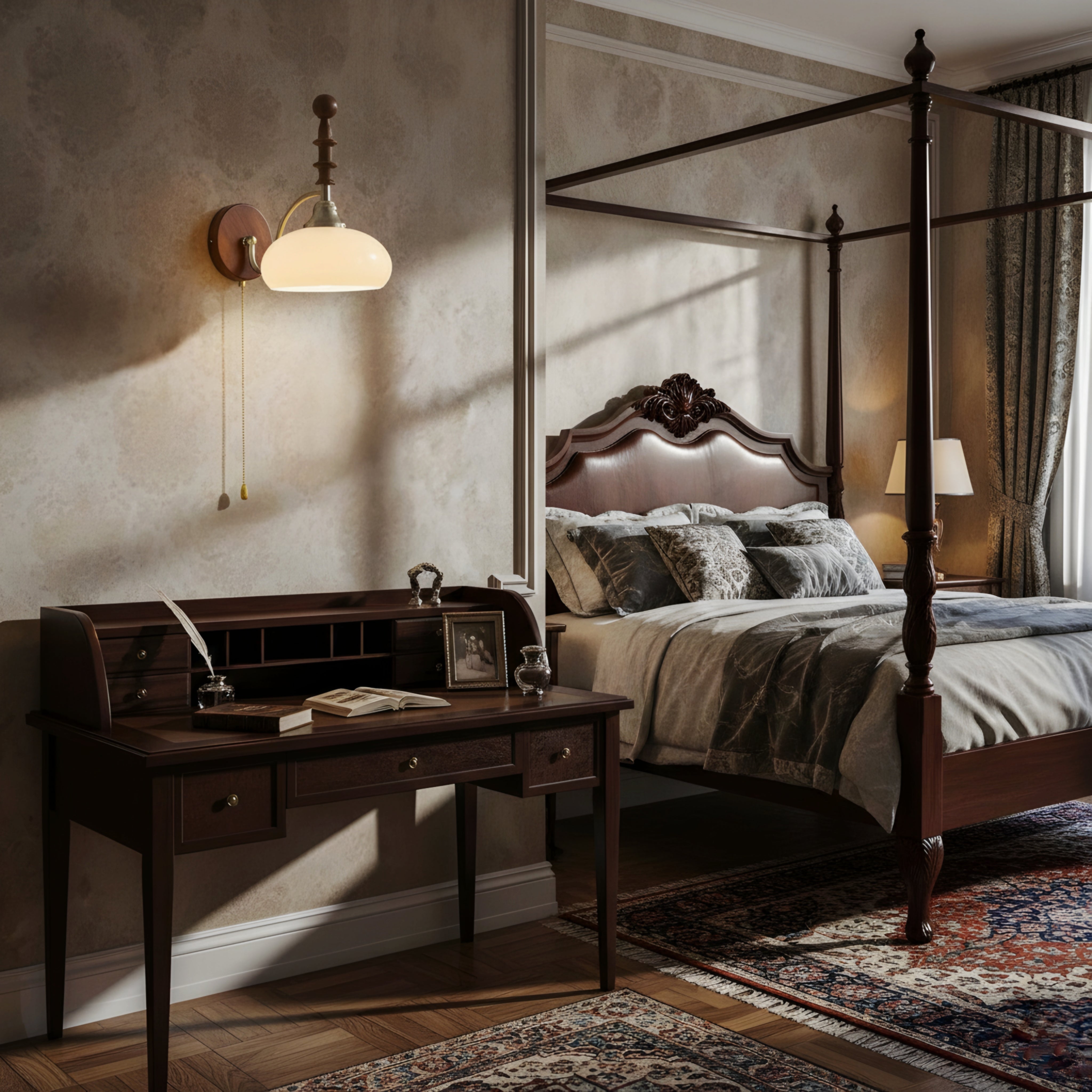 Brixton Heritage Wall Lamp – Vintage Wood Brass Pull Chain Bedside Wall Sconce
