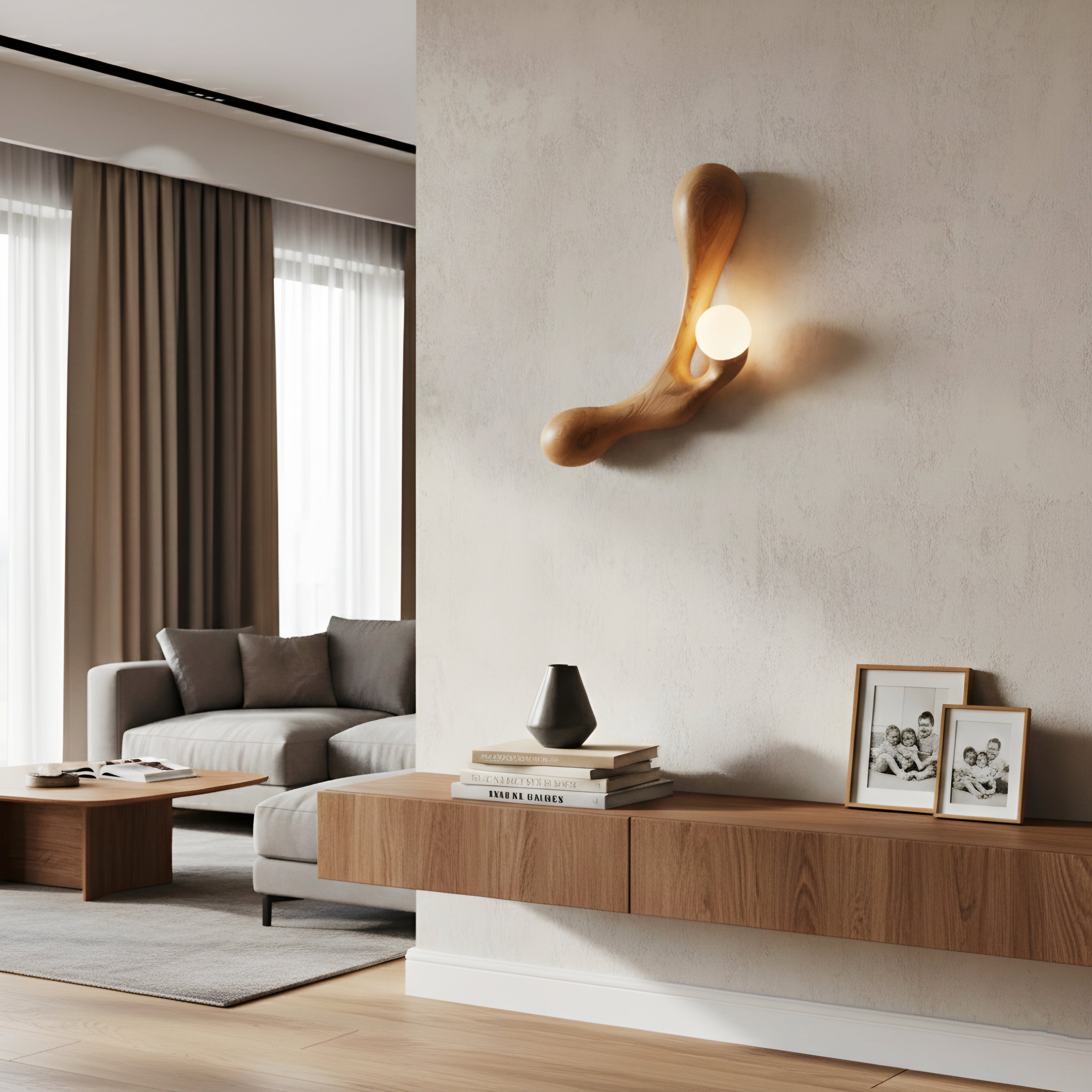 Driftwood Sculptural Wall Lamp – Modern Solid Wood Orb Bedroom Accent Sconce Light