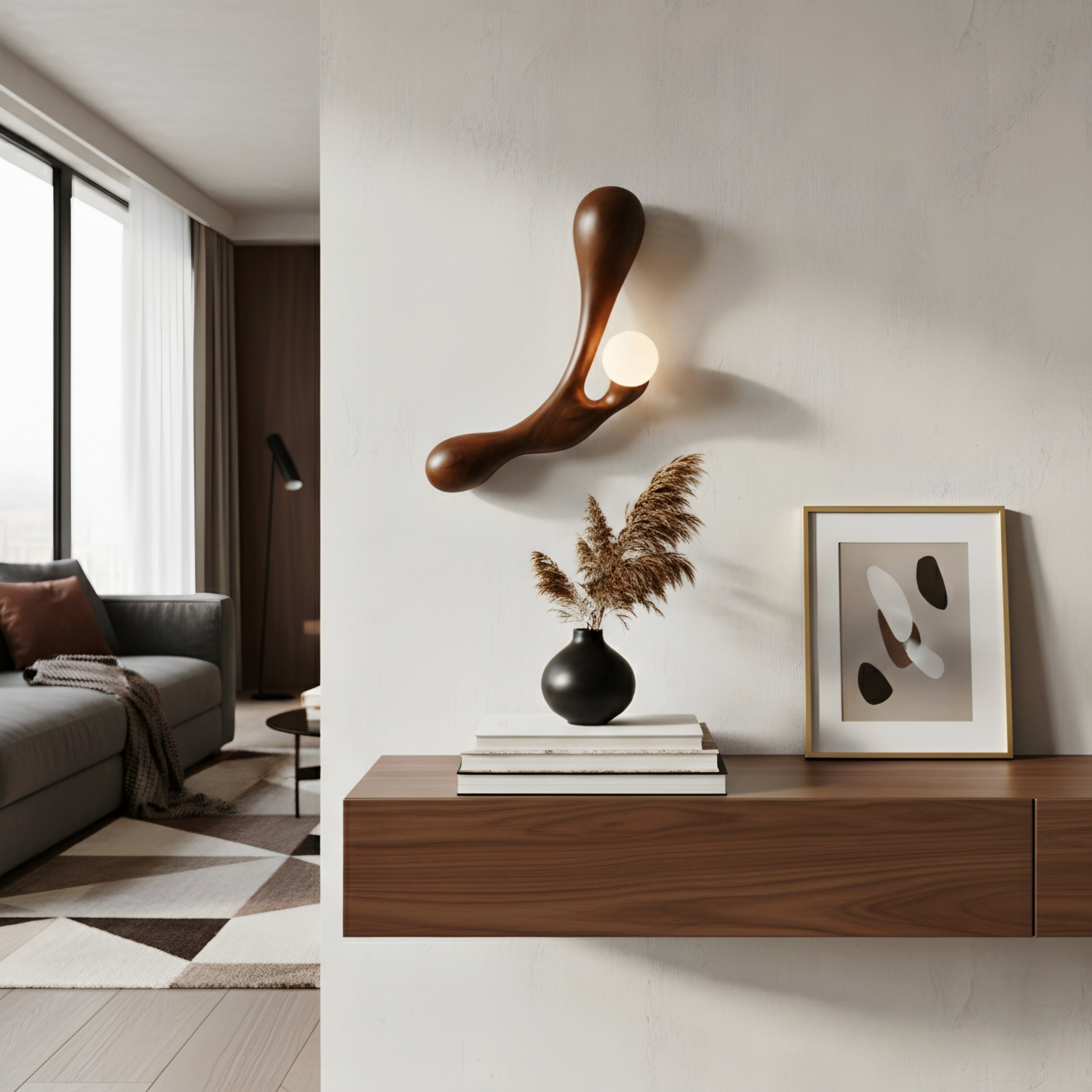 Driftwood Sculptural Wall Lamp – Modern Solid Wood Orb Bedroom Accent Sconce Light