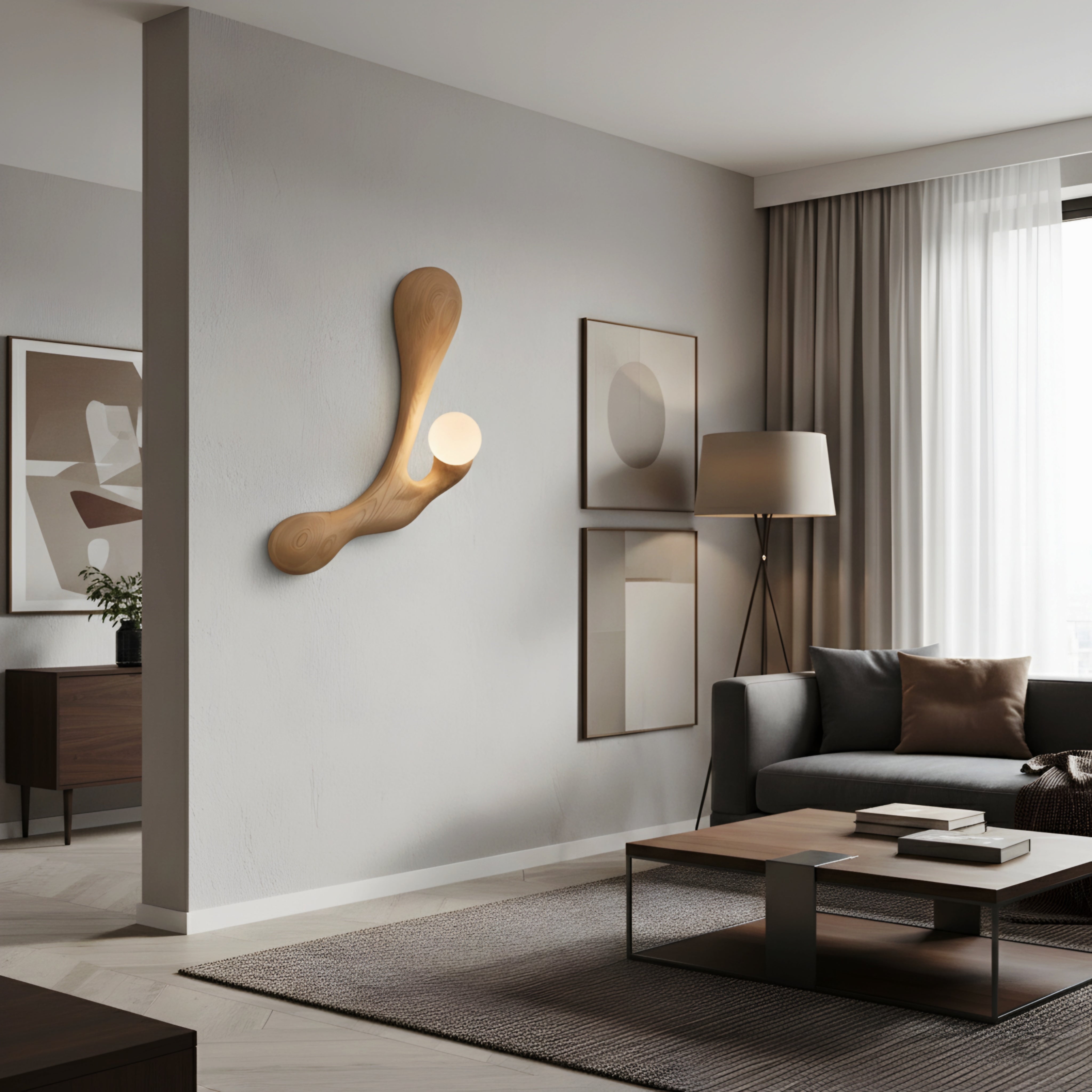 Driftwood Sculptural Wall Lamp – Modern Solid Wood Orb Bedroom Accent Sconce Light
