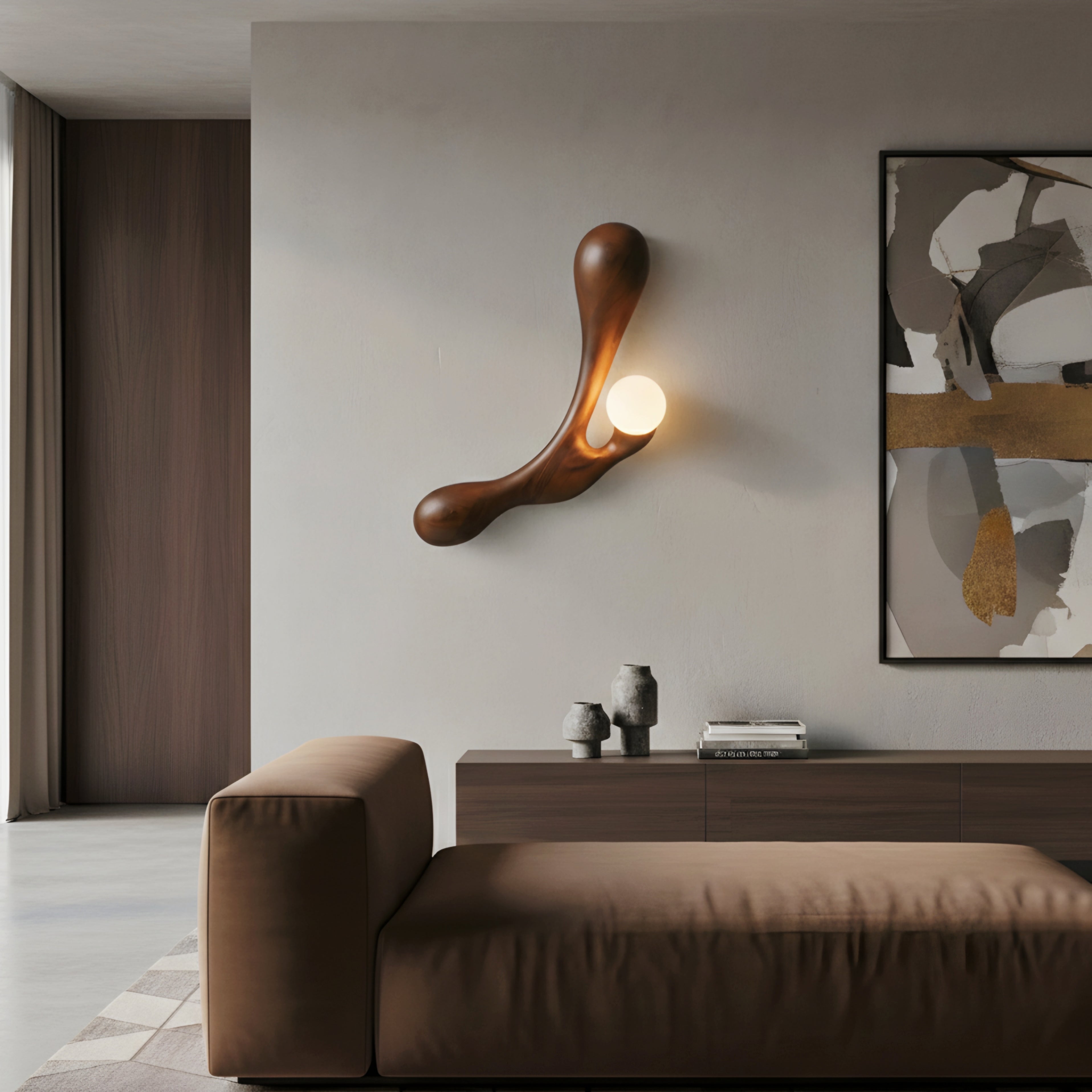 Driftwood Sculptural Wall Lamp – Modern Solid Wood Orb Bedroom Accent Sconce Light