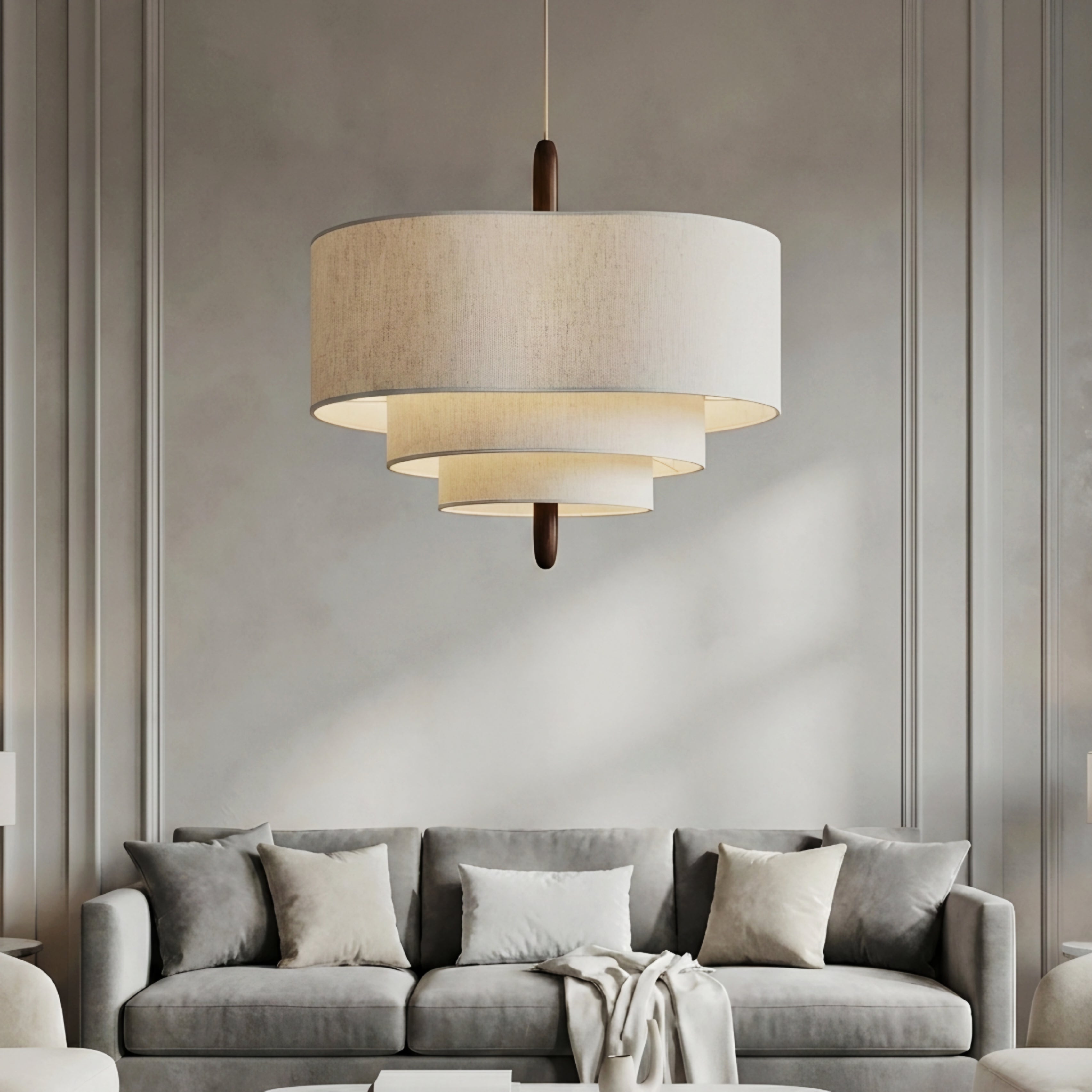 Elowen Tiered Fabric Pendant Light – Modern Linen Drum Dining Room Ceiling Fixture