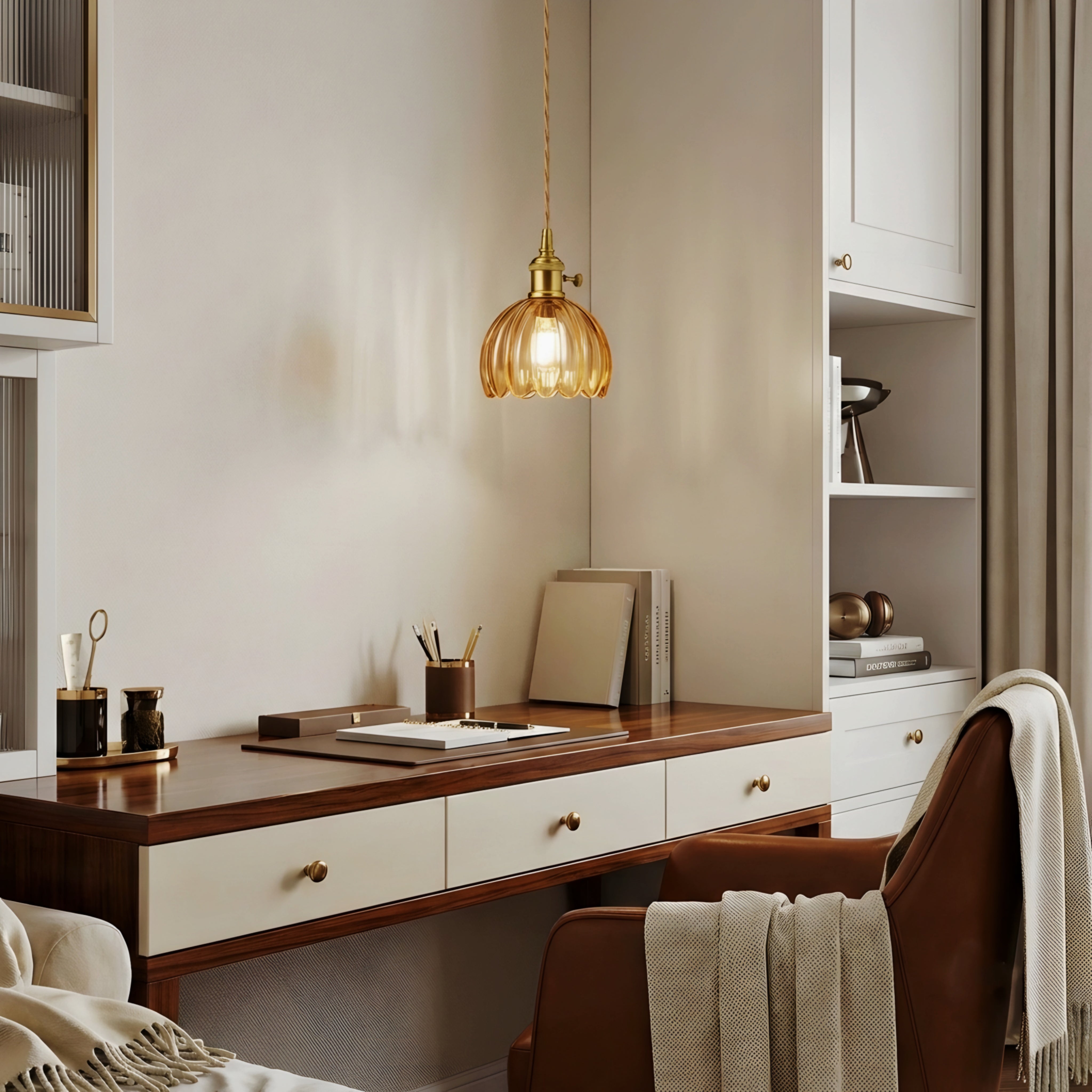 Aveline Ribbed Glass Pendant Light – Vintage Brass Kitchen Island Hanging Fixture