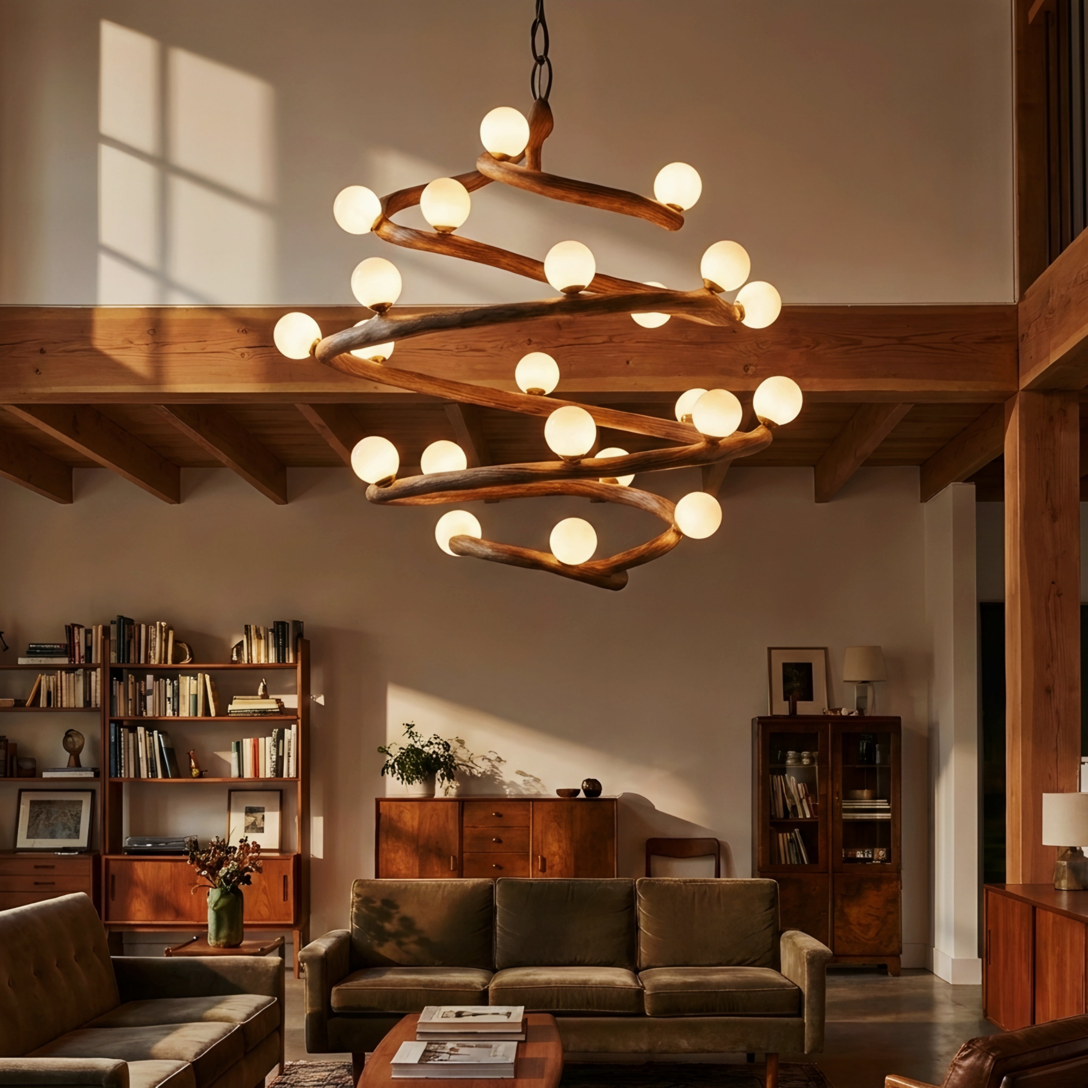Arbor Spiral Wood Chandelier – Rustic Modern Globe Dining Room Ceiling Light Fixture