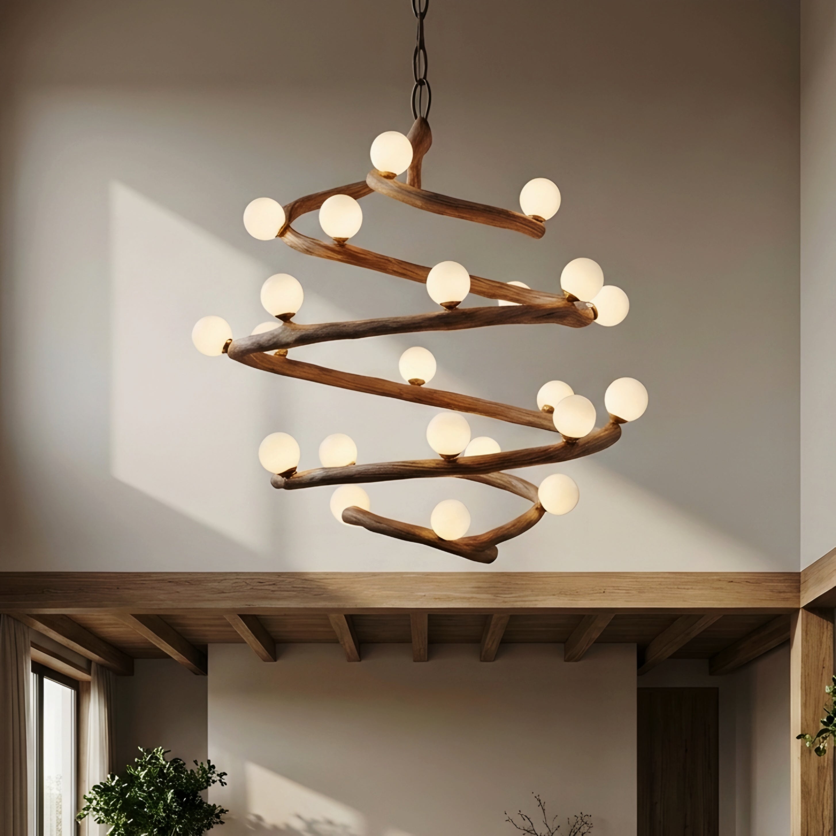Arbor Spiral Wood Chandelier – Rustic Modern Globe Dining Room Ceiling Light Fixture