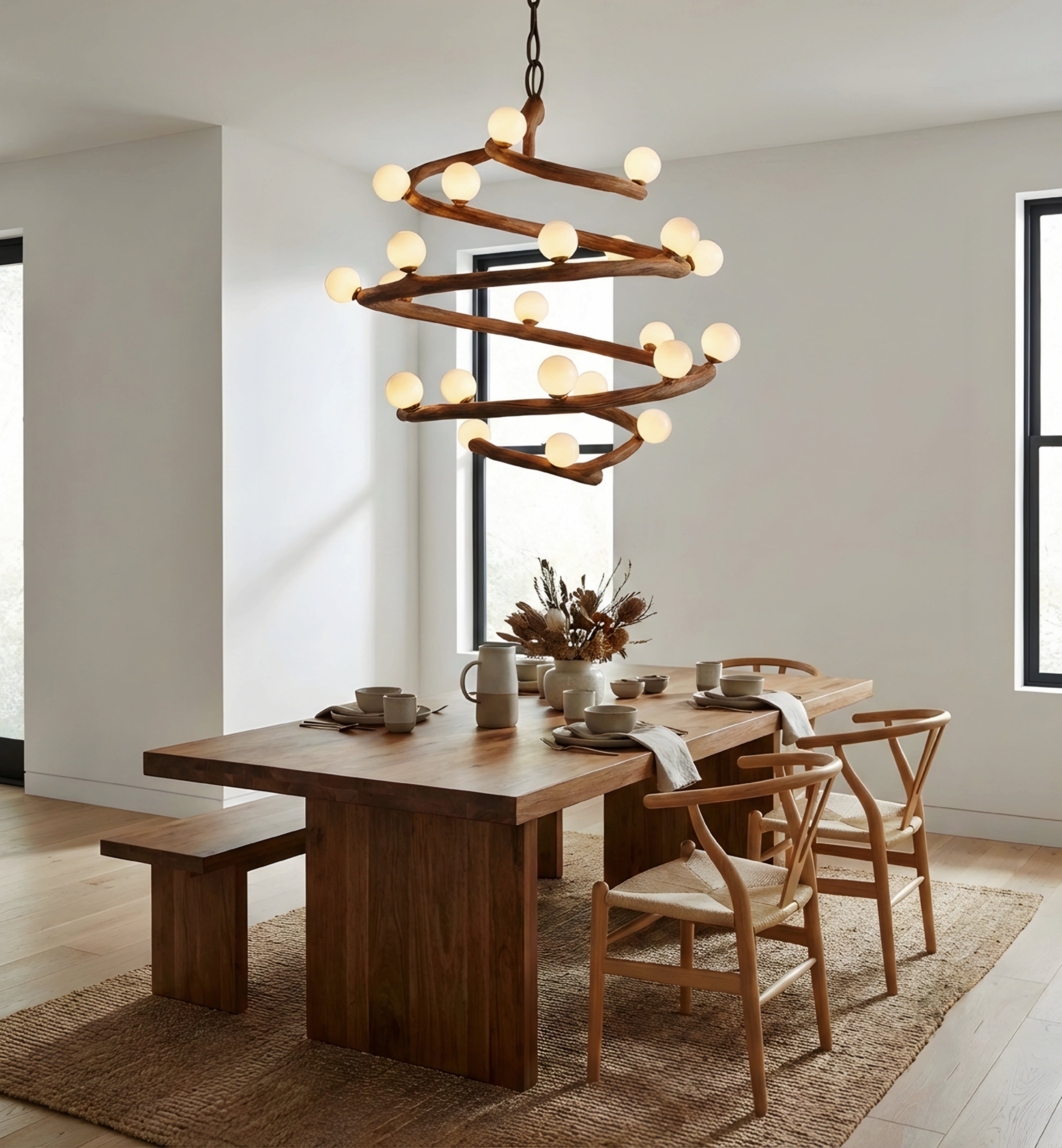 Arbor Spiral Wood Chandelier – Rustic Modern Globe Dining Room Ceiling Light Fixture