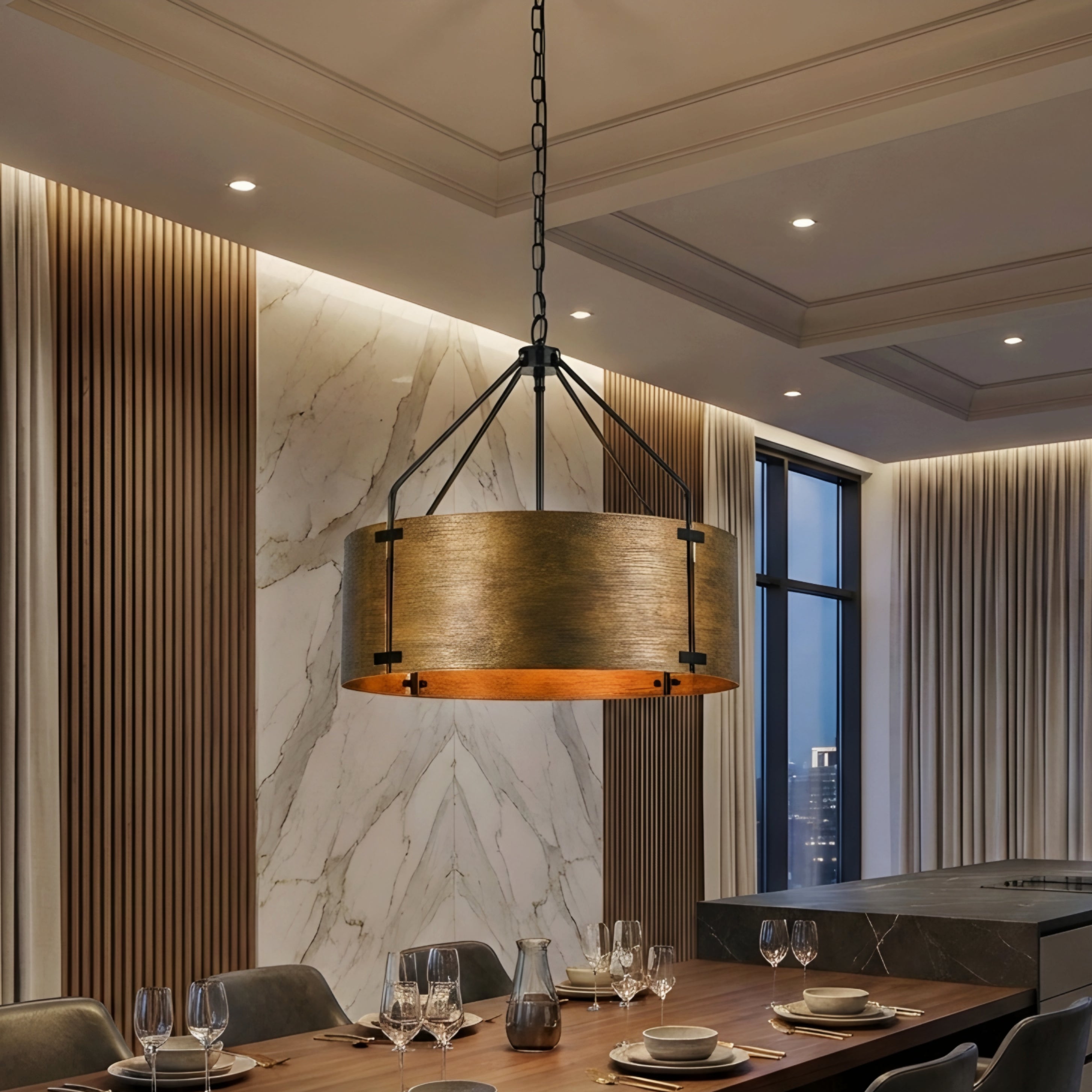 Bravon Drum Pendant Light – Industrial Bronze Metal Hanging Dining Room Ceiling Fixture