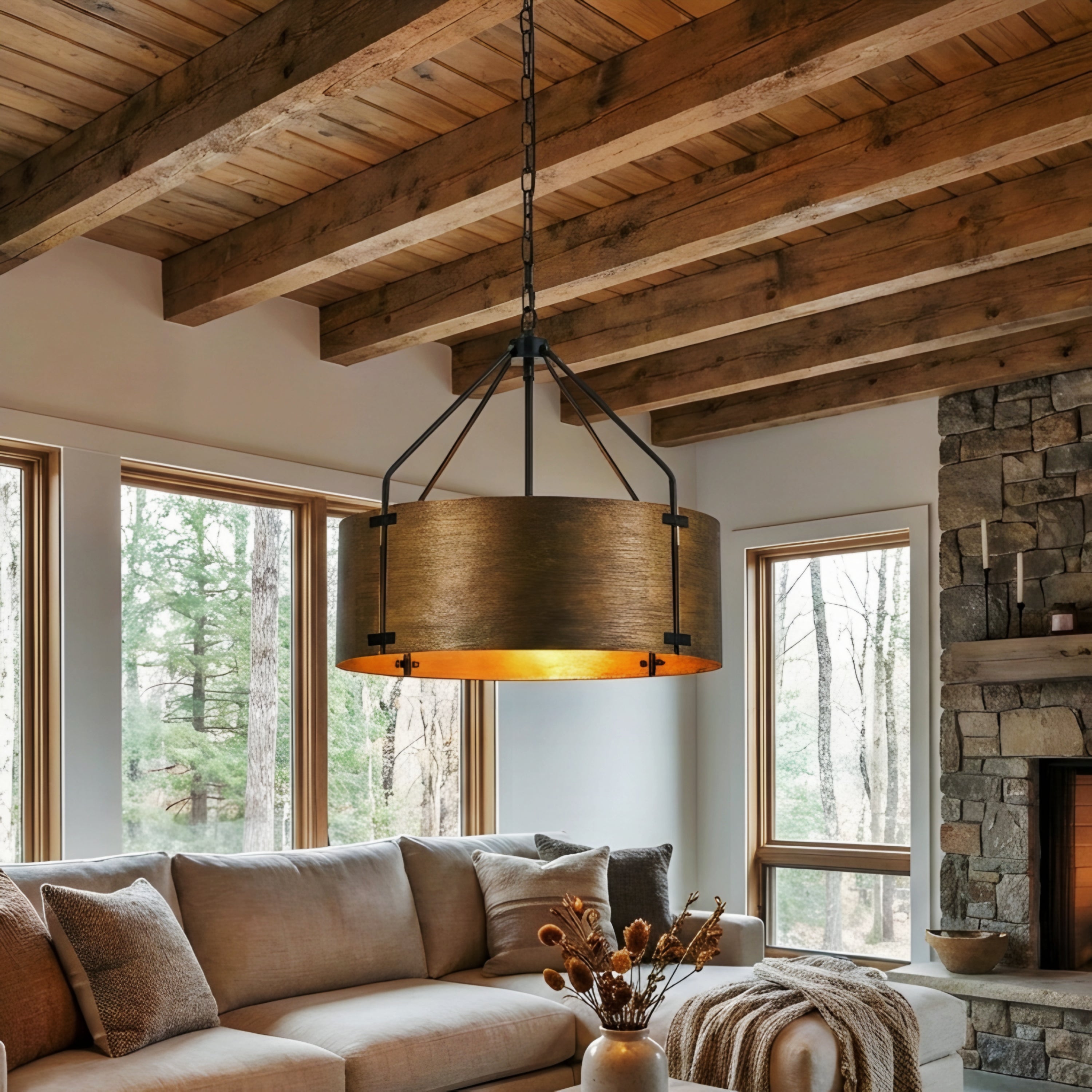 Bravon Drum Pendant Light – Industrial Bronze Metal Hanging Dining Room Ceiling Fixture