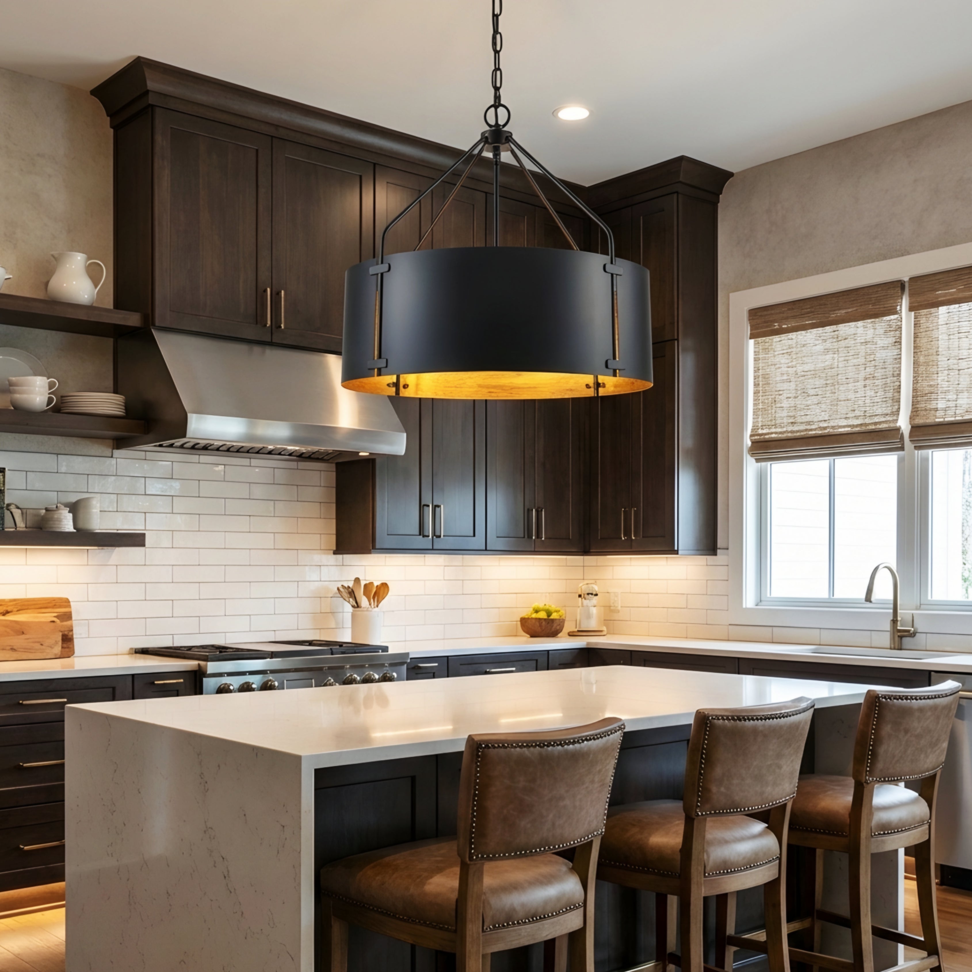 Bravon Drum Pendant Light – Industrial Bronze Metal Hanging Dining Room Ceiling Fixture