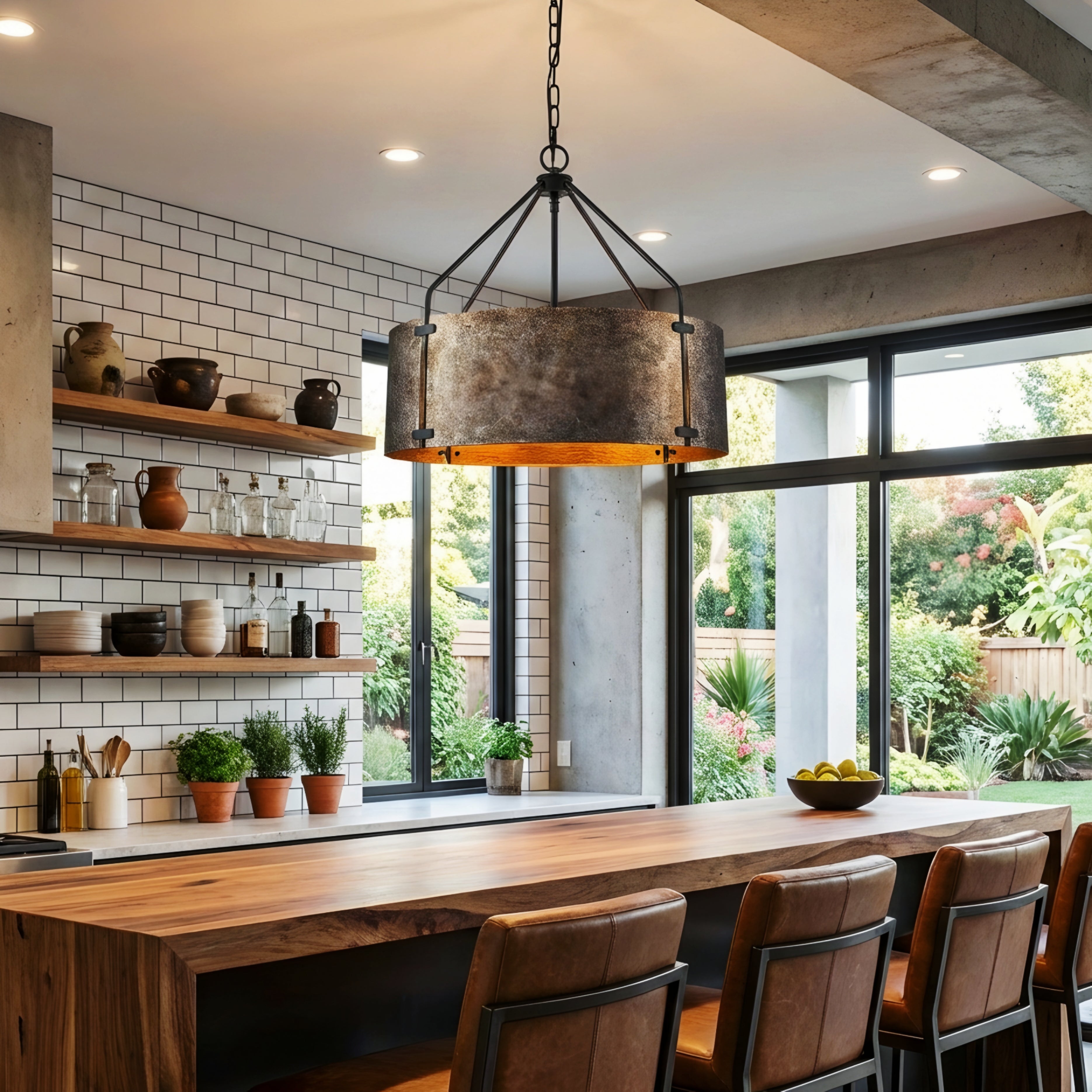 Bravon Drum Pendant Light – Industrial Bronze Metal Hanging Dining Room Ceiling Fixture