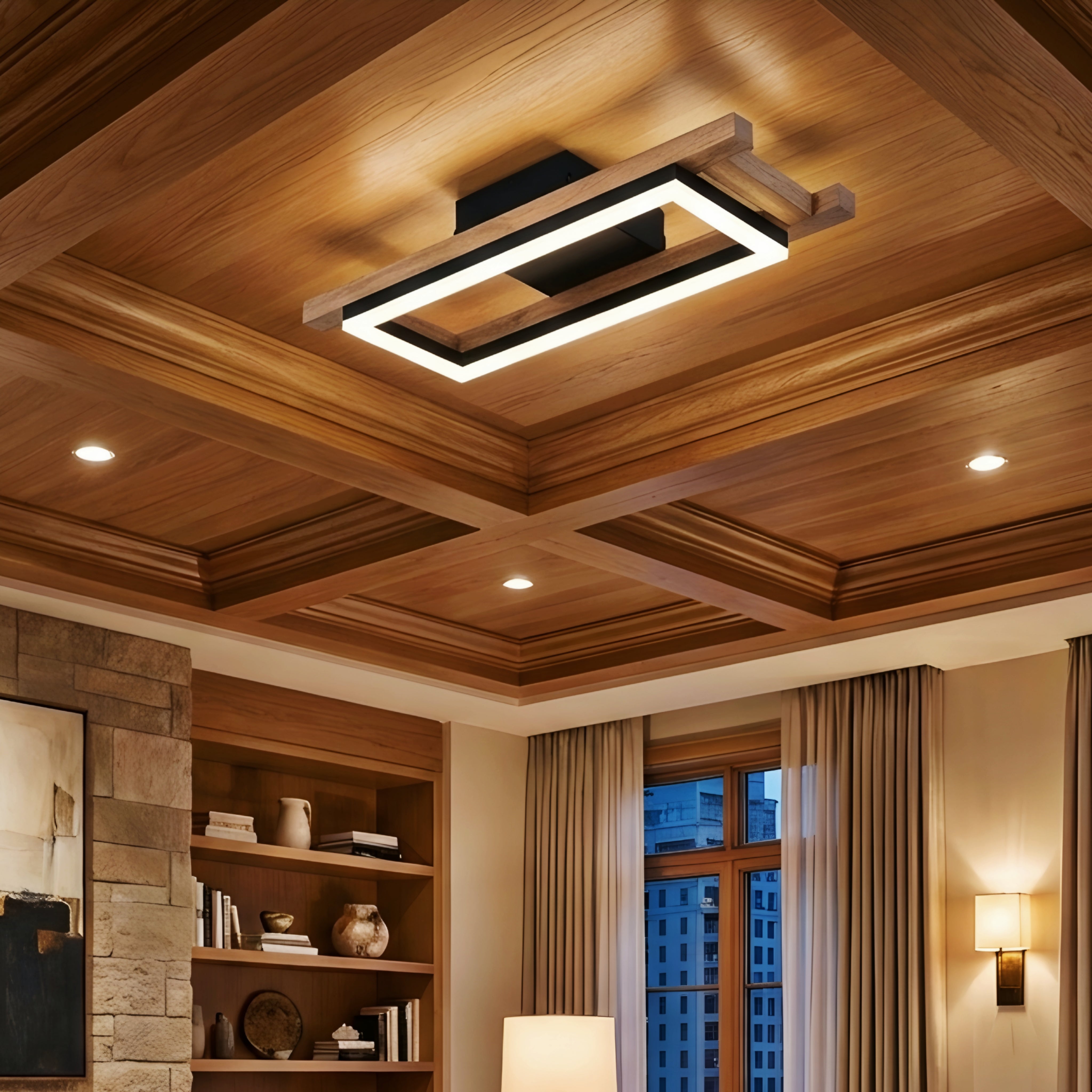 Kavren Wood LED Ceiling Light – Modern Flush Mount Square Minimalist Lighting Fixture