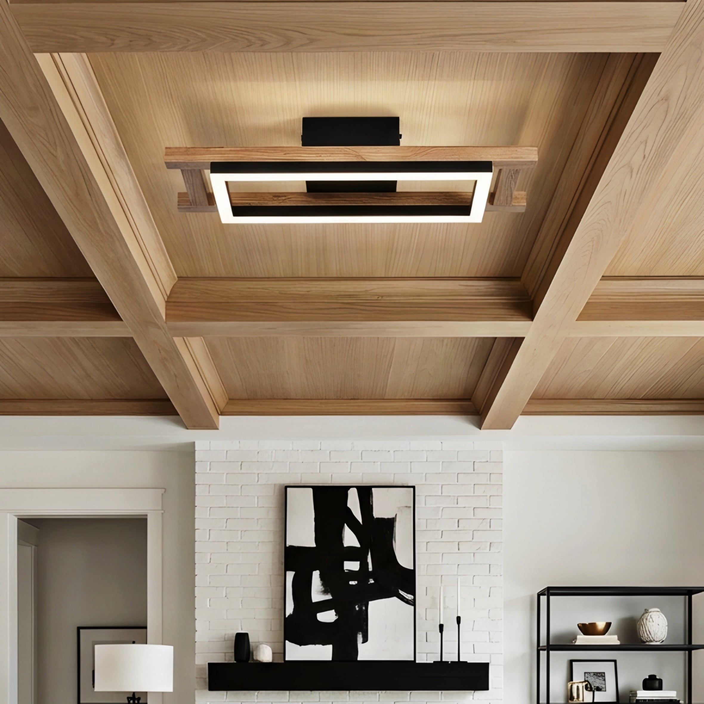Kavren Wood LED Ceiling Light – Modern Flush Mount Square Minimalist Lighting Fixture