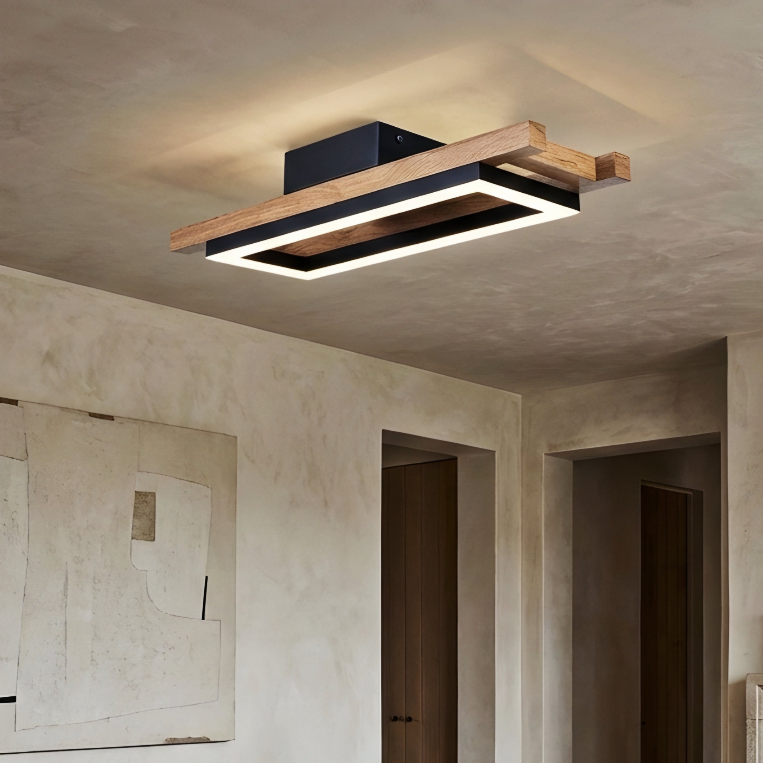 Kavren Wood LED Ceiling Light – Modern Flush Mount Square Minimalist Lighting Fixture