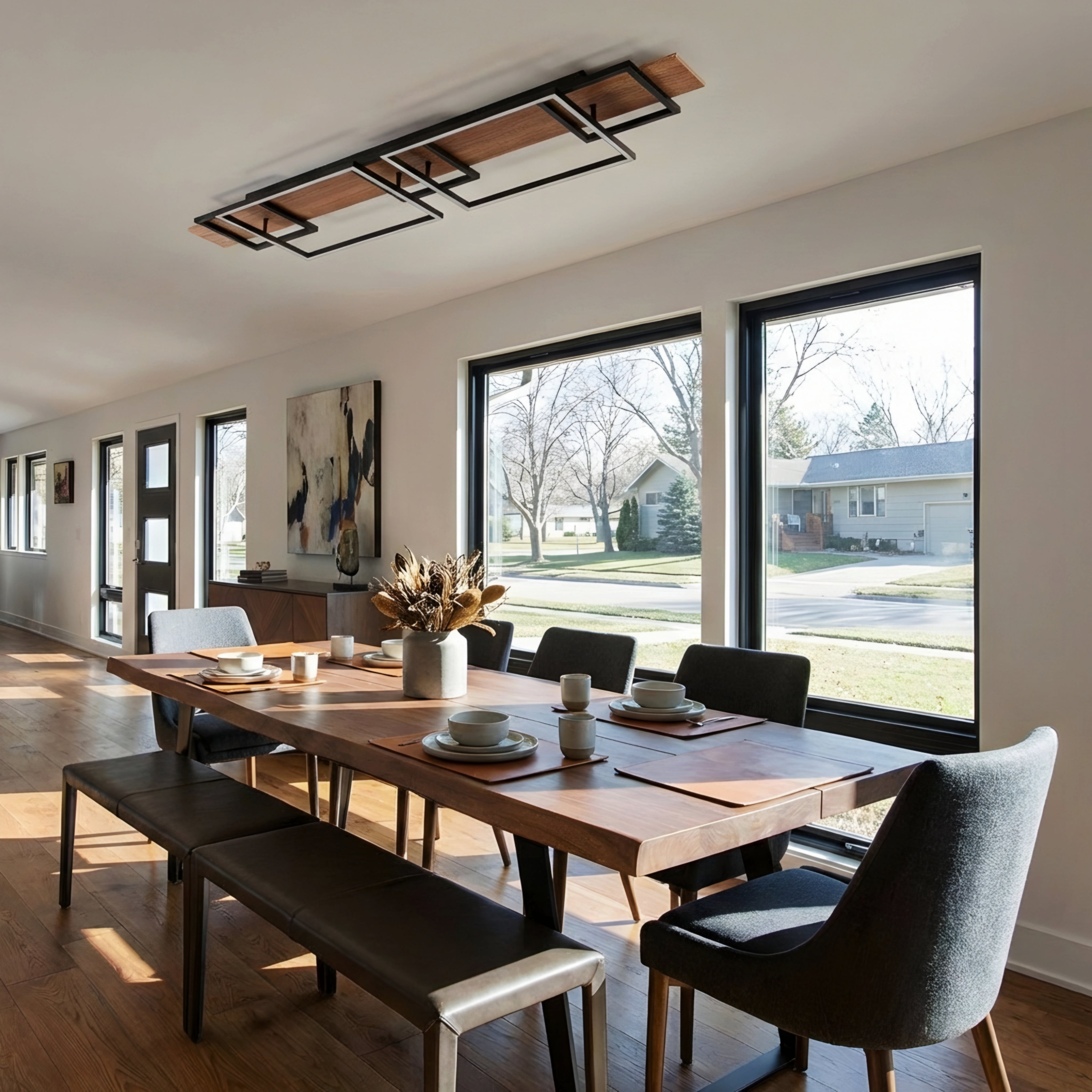 Zerith Linear Ceiling Light – Modern LED Flush Mount Black Wood Geometric Ceiling Fixture