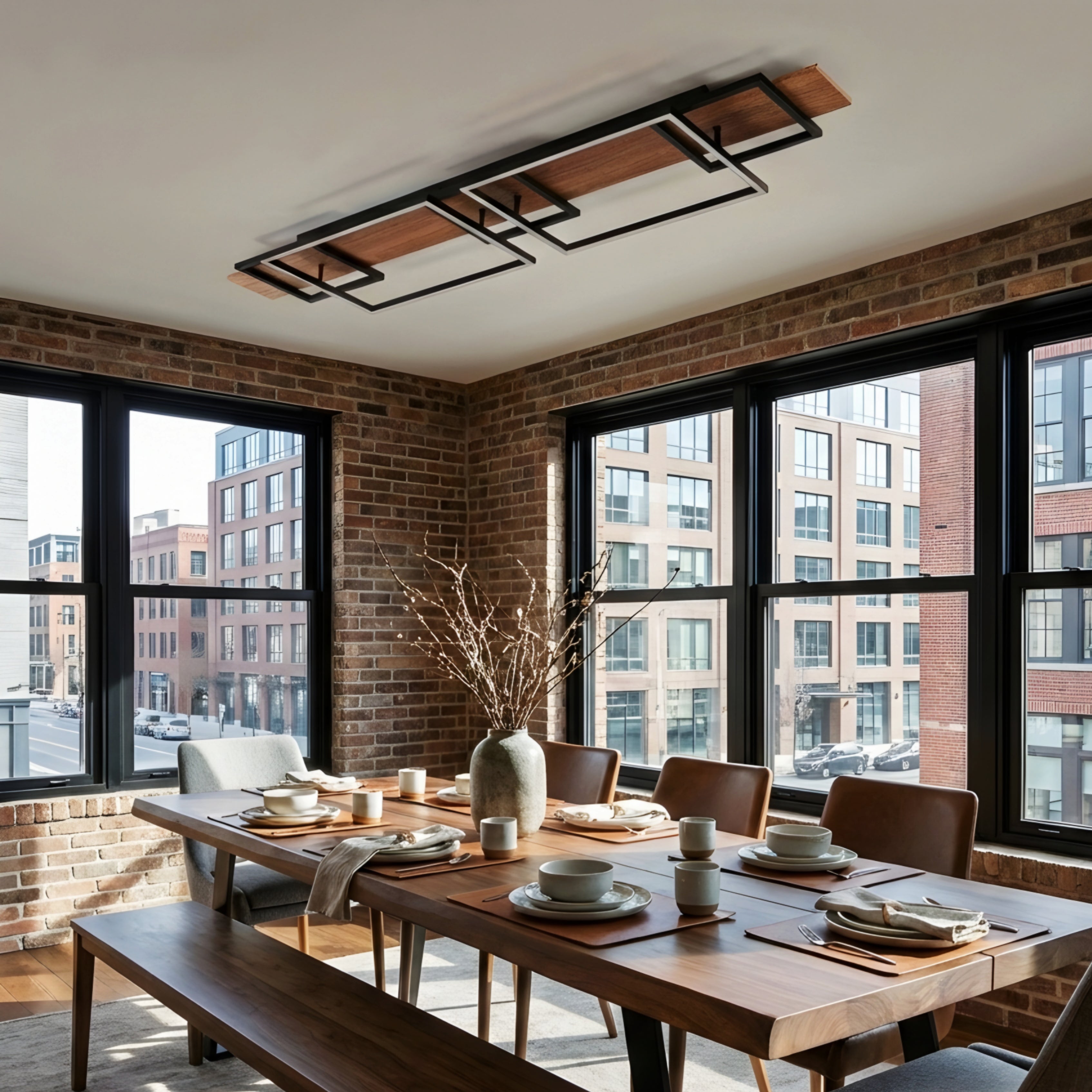 Zerith Linear Ceiling Light – Modern LED Flush Mount Black Wood Geometric Ceiling Fixture